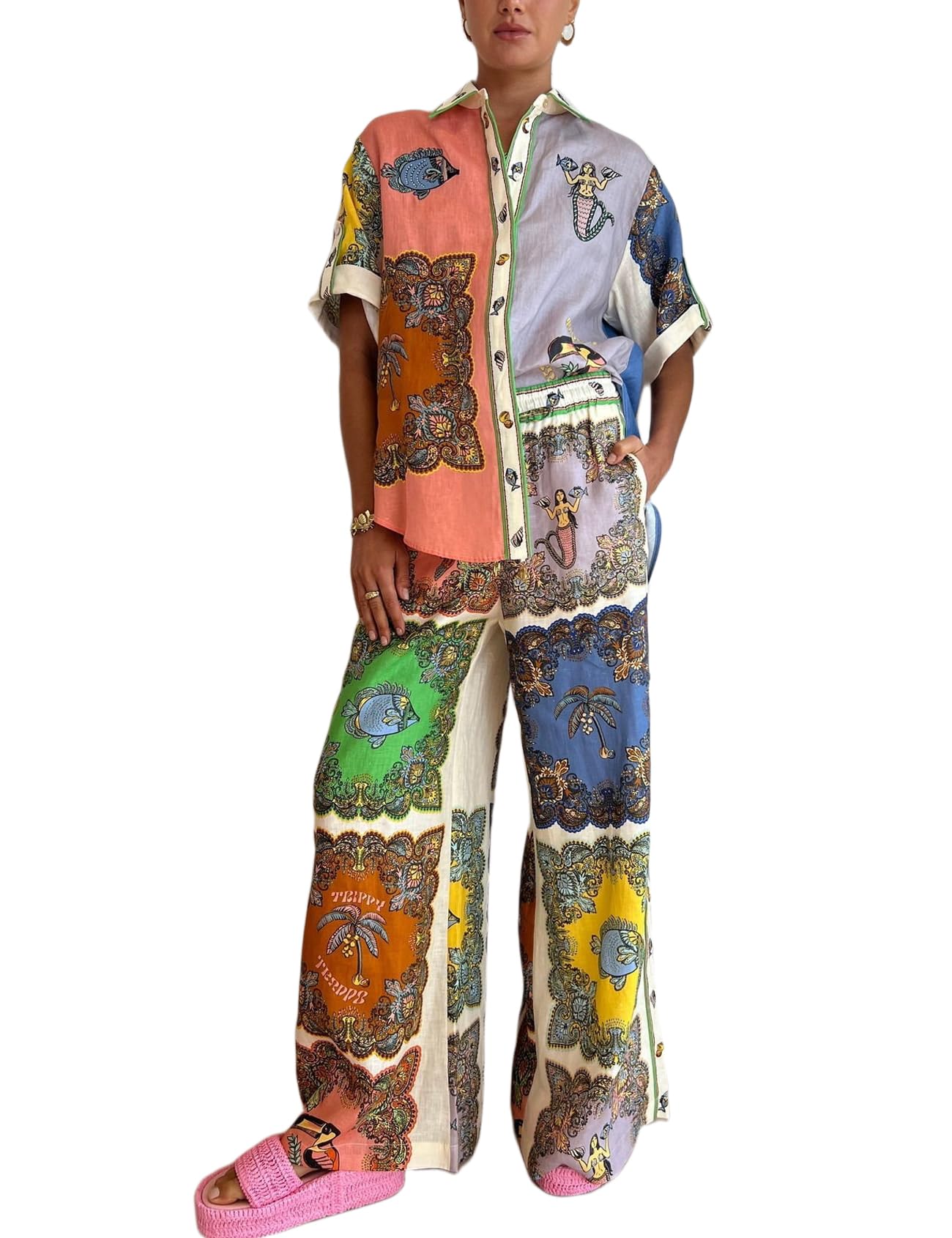 Perbai Women's Summer Linen 2-Piece Outfit Set - Boho Short Sleeve Button Shirt & Wide Leg Pants - Casual Lounge Wear & Sleepwear - Perfect for Beach Vacation, Yoga, and Relaxing at Home
