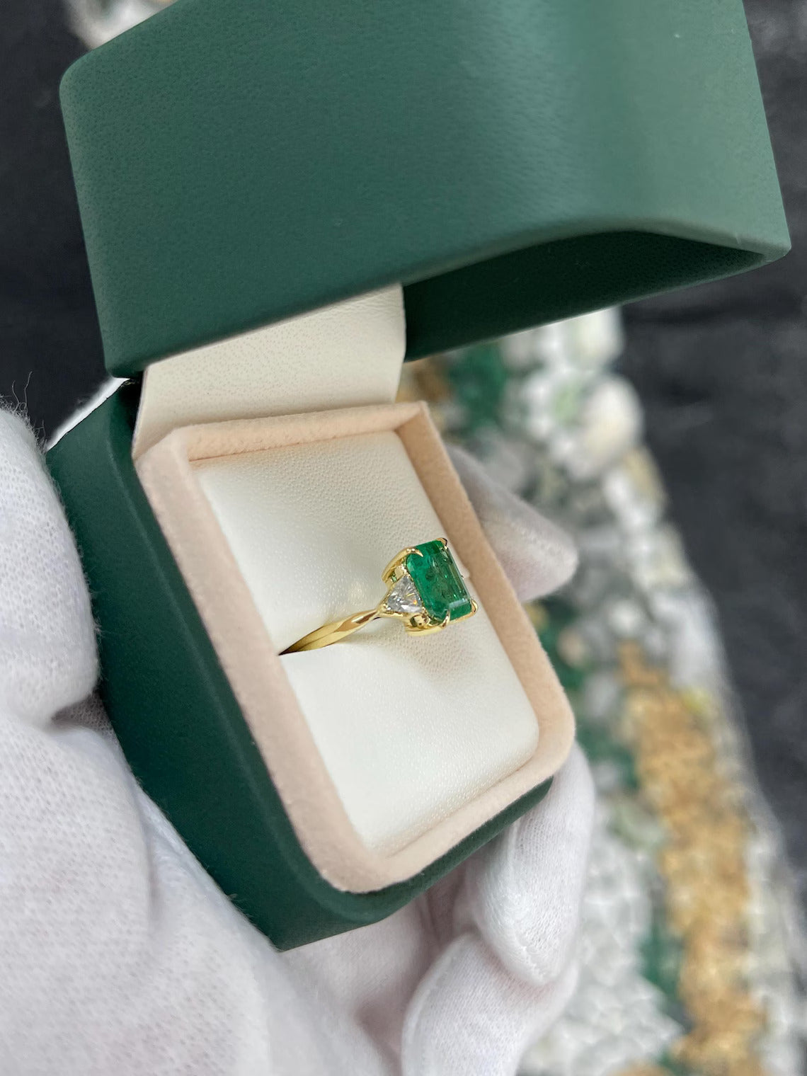 2.37 Carat Emerald Cut Emerald & Trillion Diamond Side Stones Engagement Ring - Perfect for Proposals, Weddings, and Anniversary Gifts