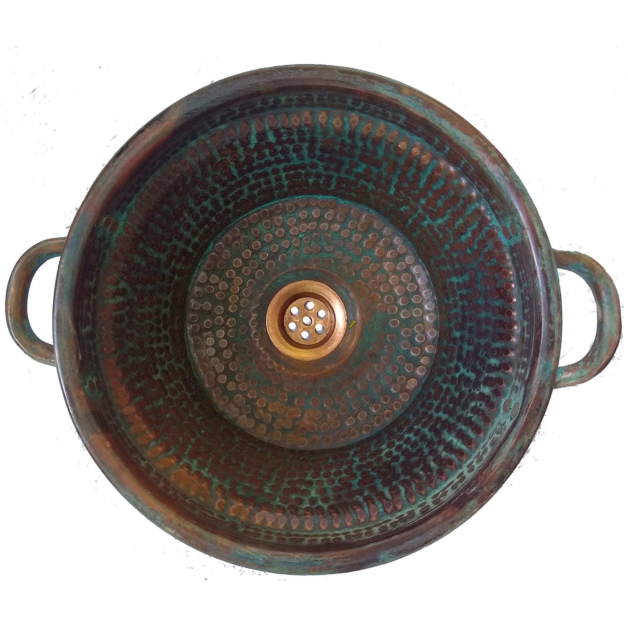 Hand-Hammered Copper Vessel Sink - Rustic Distressed Small Green Oxidized Bathroom Washbasin with Handles | Perfect for Farmhouse, Cottage & Vintage Style Kitchen & Bathroom Remodeling | Ideal for Prep Sinks, Powder Rooms & Guest Baths