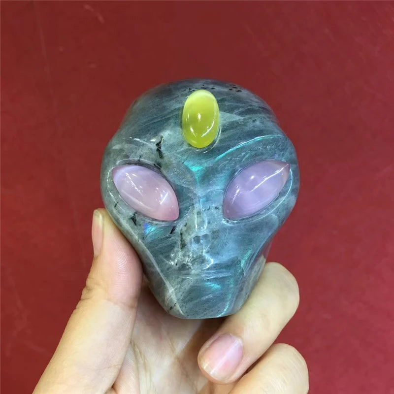 Natural Labradorite Crystal Skull Carving - Alien Design for Chakra Healing, Reiki & Meditation | Unique Spiritual Gift & Home Decoration (Perfect for Yoga Rooms, Altars & Energy Work)