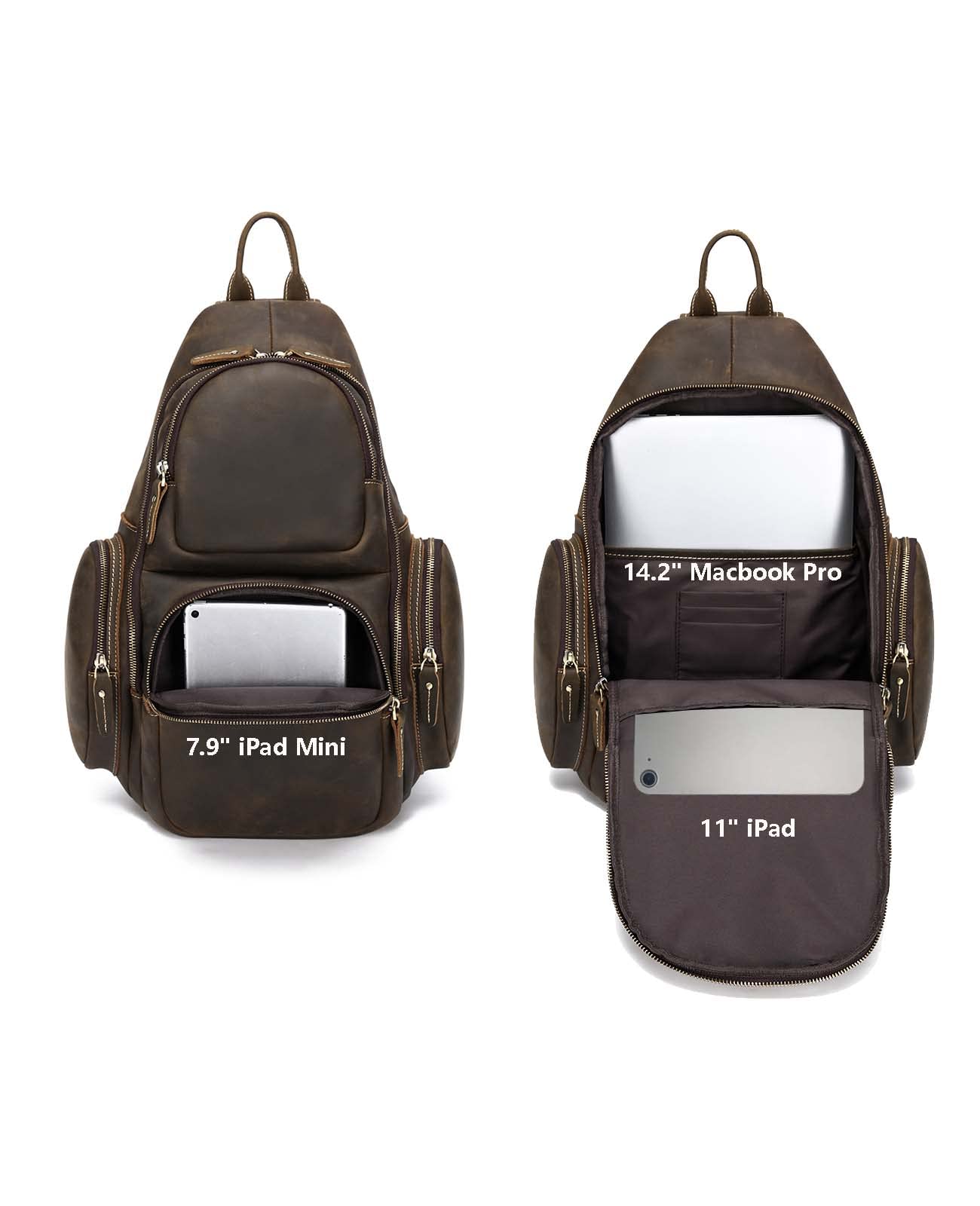 Premium Full Grain Genuine Leather Crossbody Sling Bag - Fits 14 Inch Laptop, 17L Capacity Travel Backpack for Men & Women - Brown - Perfect for Work Commute, Weekend Getaways & Daily Essentials