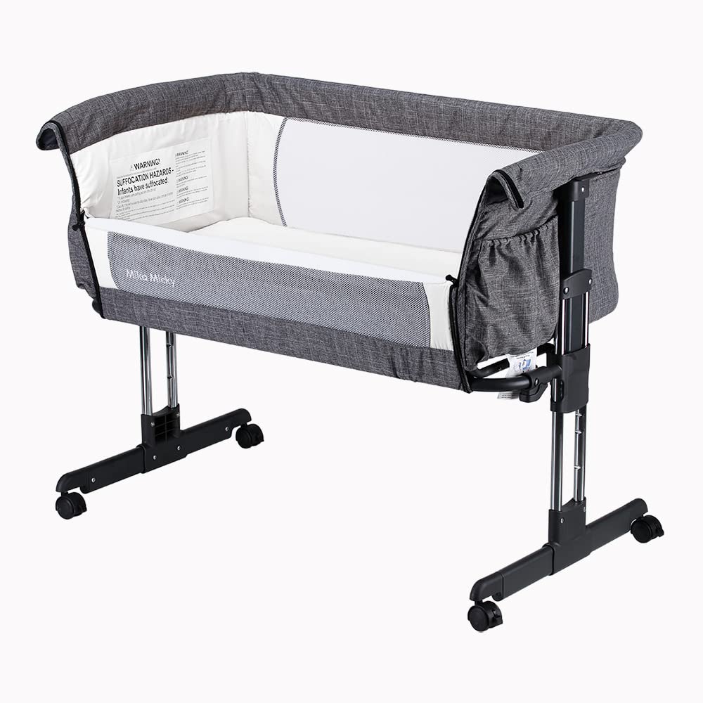 Mika Micky Baby Bassinet Bedside Sleeper - Portable Folding Crib with Breathable Mesh, Grey (2022 New Model) - Perfect for Nursery, Co-Sleeping & Travel