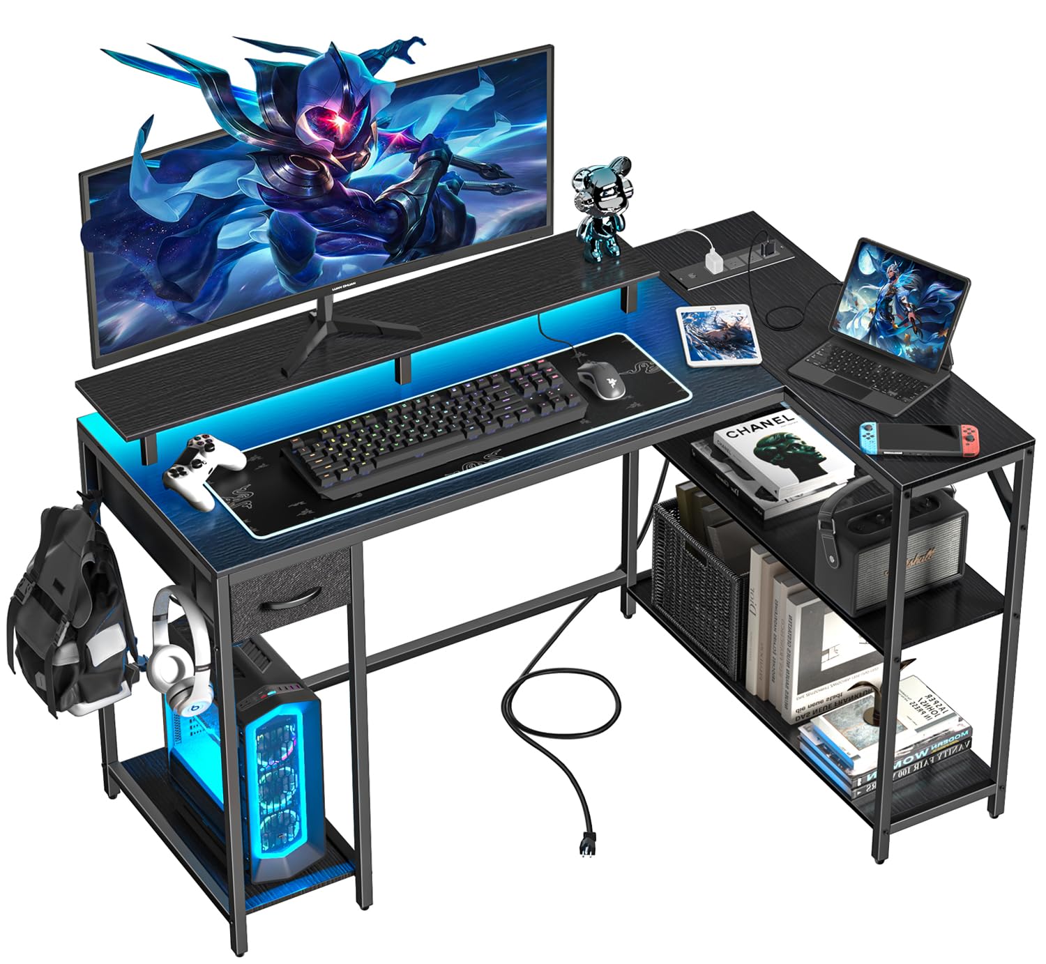 47 Inch L-Shaped Gaming Desk with Power Outlet, LED Lights & Monitor Stand - Reversible Computer Desk with Drawer, Shelves & Hooks for Home Office, Bedroom | Perfect for PC Gaming Setup & Small Space Workstation