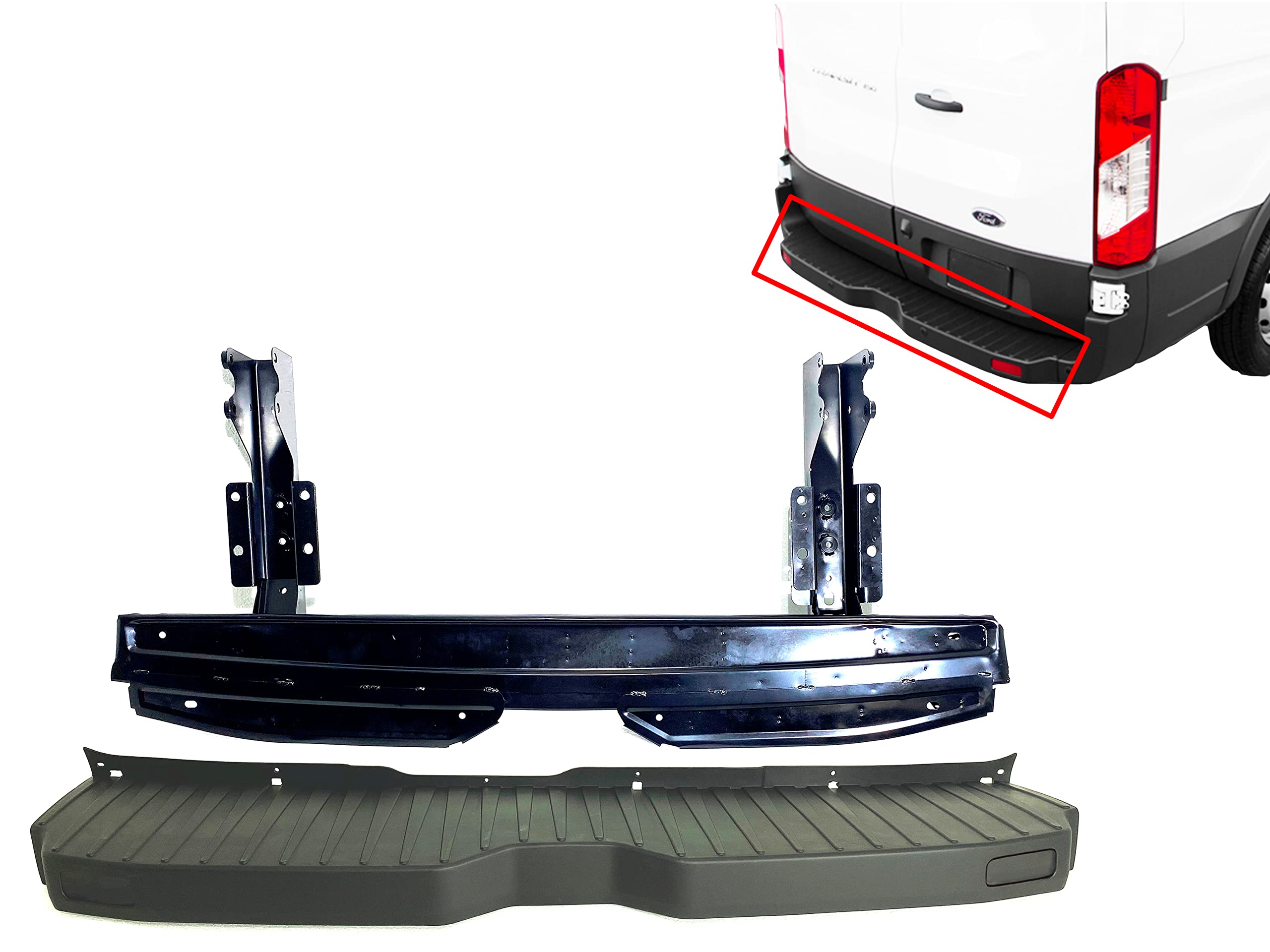 2015-2022 Ford Transit 150/250/350/350HD Heavy Duty Rear Bumper Cover with Reinforcement Cross Member Bracket - Durable Replacement for Cargo Vans & Work Trucks