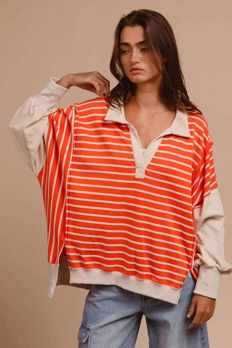 BiBi Stripe Knit Loose Fit T-Shirt with Cut Edge Detail - Casual Women's Top for Everyday Wear, Outings & Layering