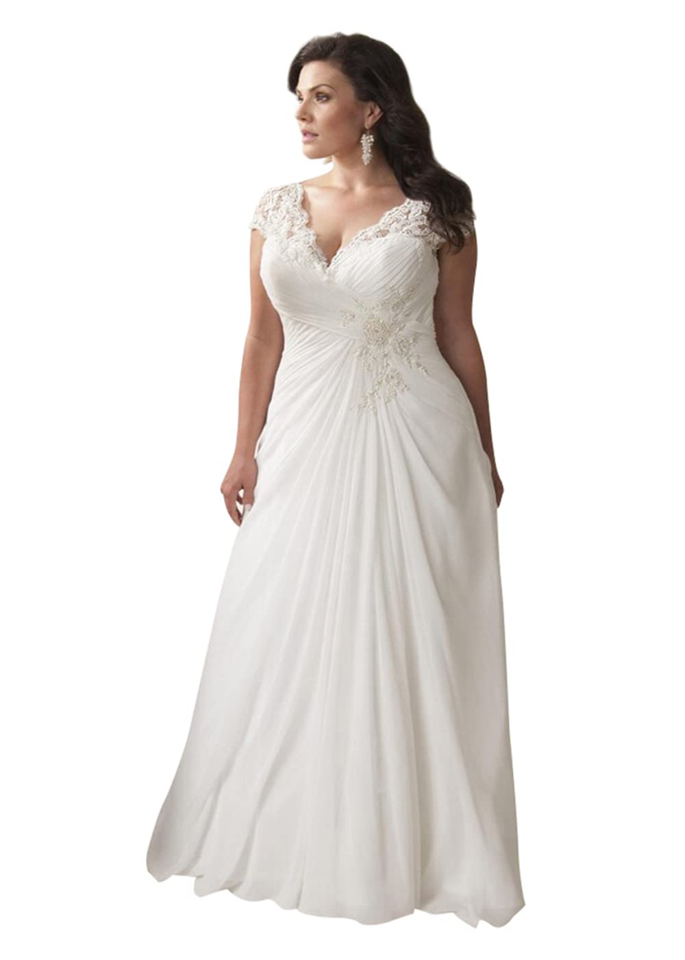 SOLODISH Plus Size Wedding Dresses for Bride - V Neck Lace Applique A-Line Bridal Gown | Elegant Church, Beach & Destination Wedding Dress