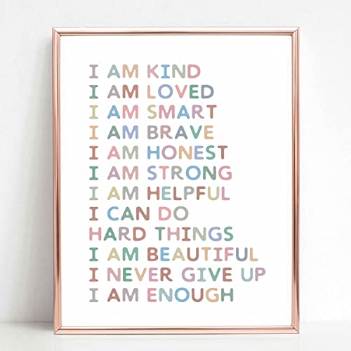 Positive Affirmations Art Print for Kids - Motivational Wall Decor for Playroom, Bedroom & Nursery - 'I Am Kind I Am Enough' Colorful Unframed Poster (8x10 Inch) - Perfect for Boosting Confidence & Decorating Children's Spaces