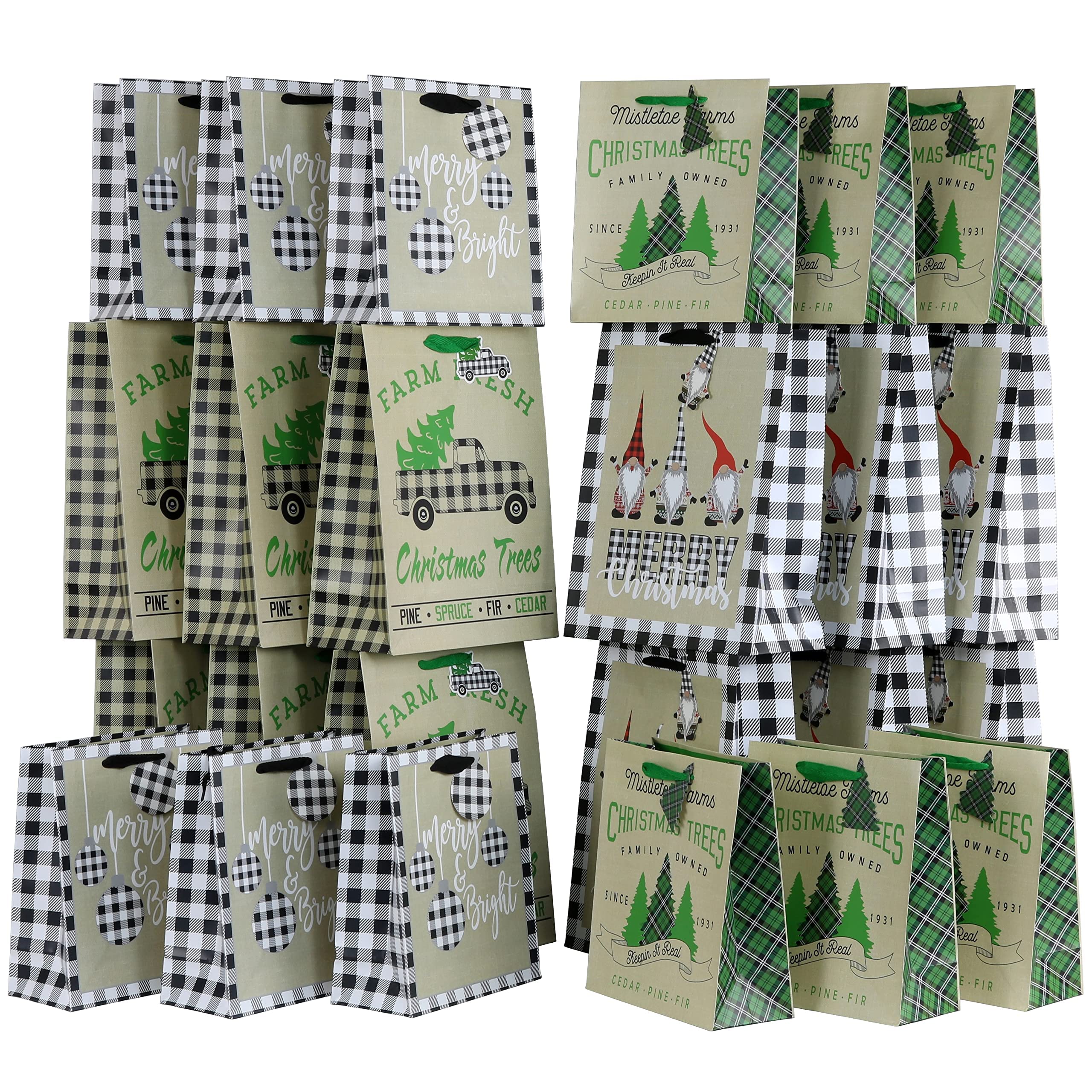 Iconikal Christmas Gift Bags - 24 Pack Buffalo Plaid Holiday Party Favor Bags for Xmas Presents, Stocking Stuffers & Festive Decorations