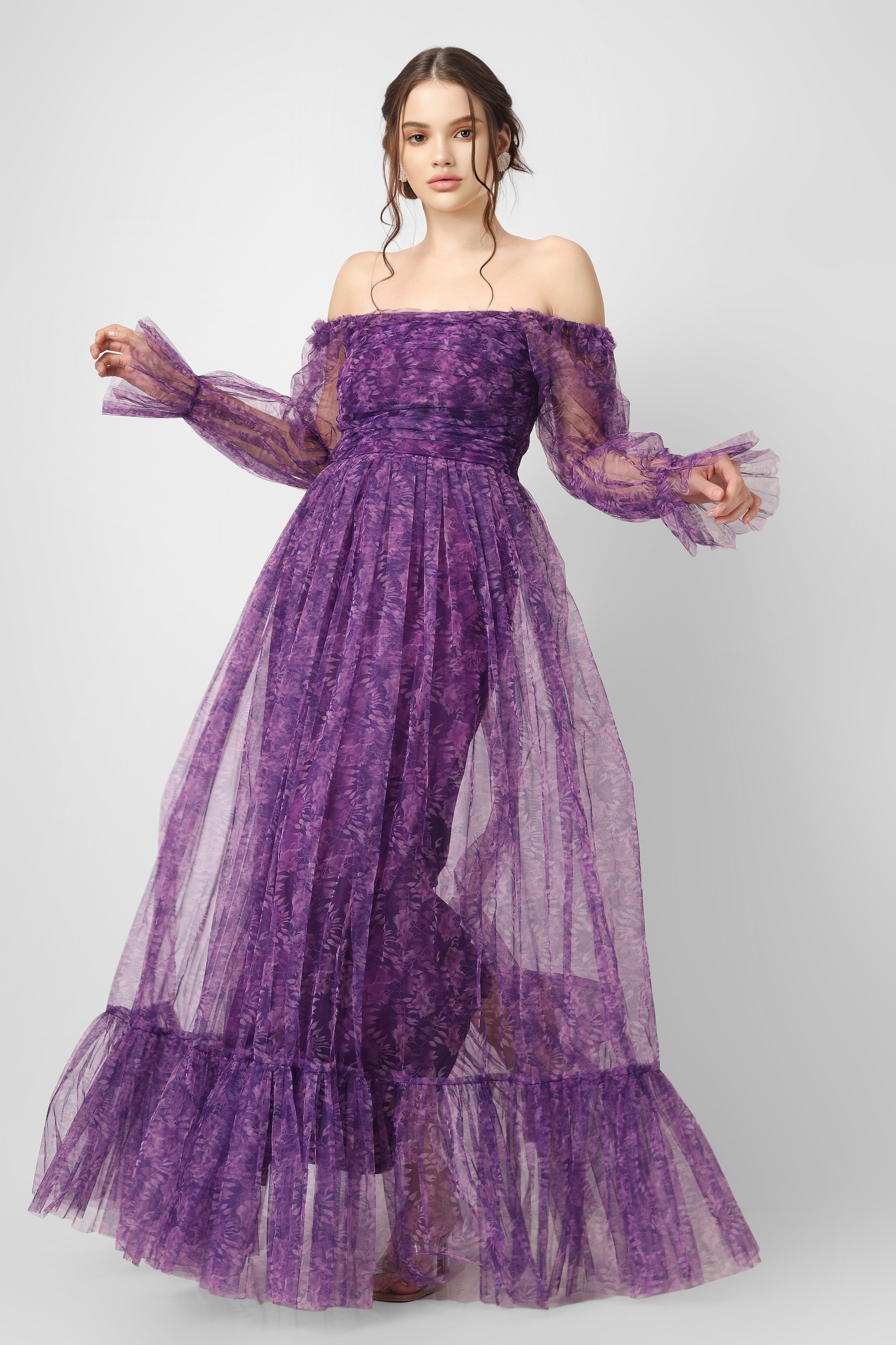 Elegant Ruth Purple Printed Tulle Dress for Women | Floral Lace Party Gown | Perfect for Weddings, Prom & Special Occasions