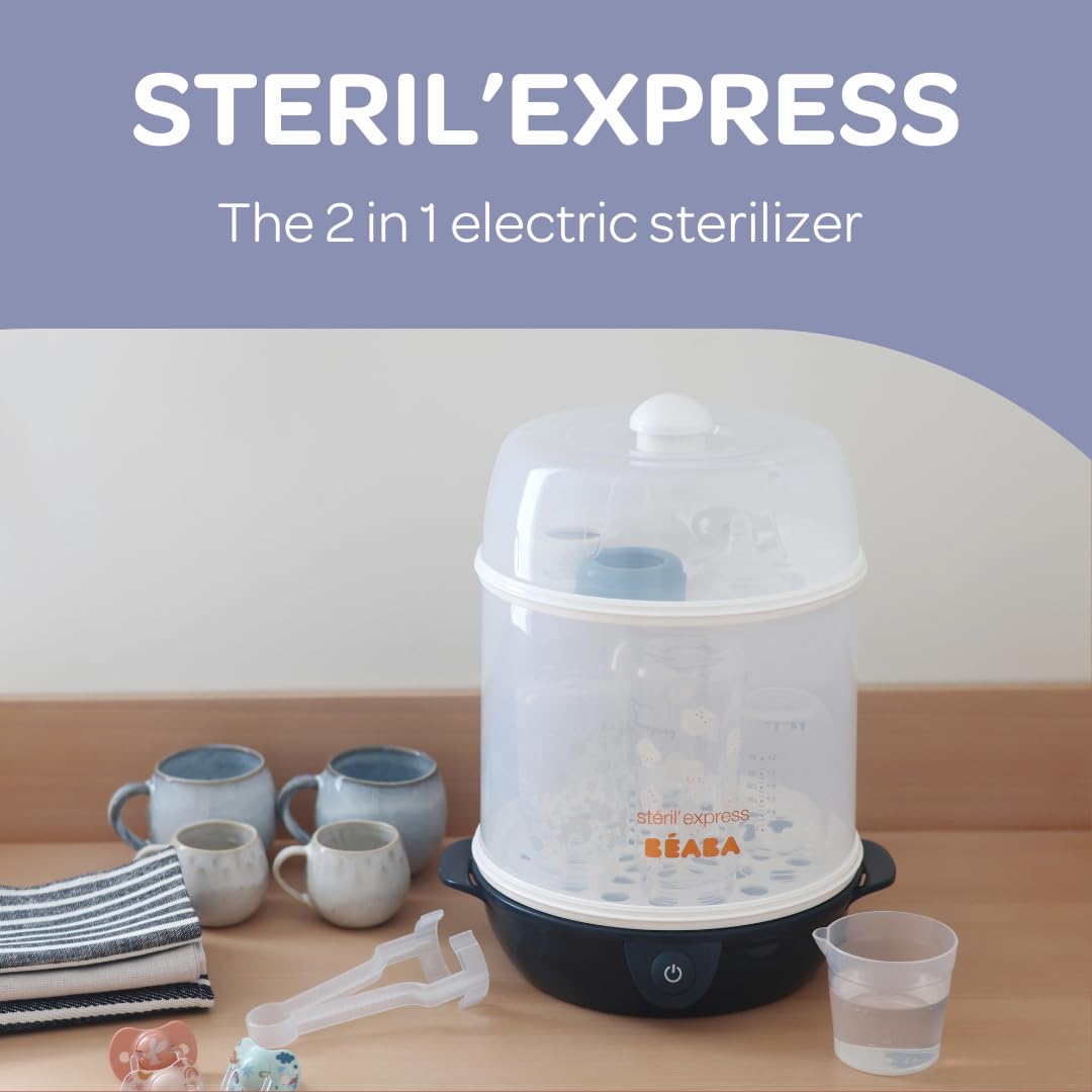 BEABA Steril' Express 2-in-1 Baby Bottle Sterilizer - Fast 6-Minute Steam Sterilization, Auto Shut Off, Safe for Bottles, Pacifiers & Breast Pump Parts - Perfect for Nursery, Travel & Midnight Feedings