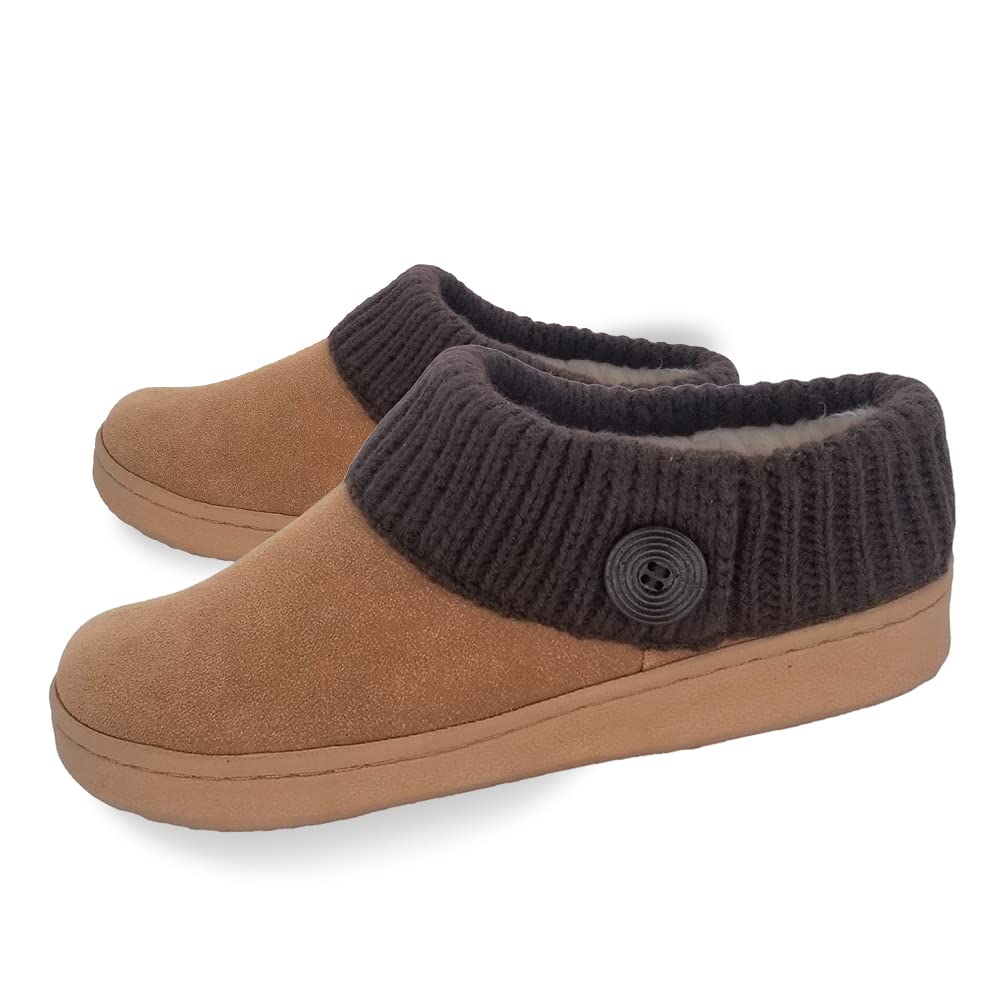 Clarks Women's Suede Leather Comfort Clogs with Knitted Collar & Plush Faux Fur Trim - Cozy Indoor Outdoor House Slippers for Women (Cinnamon/Brown, Size 9M) - Perfect for Lounging, Home Wear & Quick Outdoor Errands