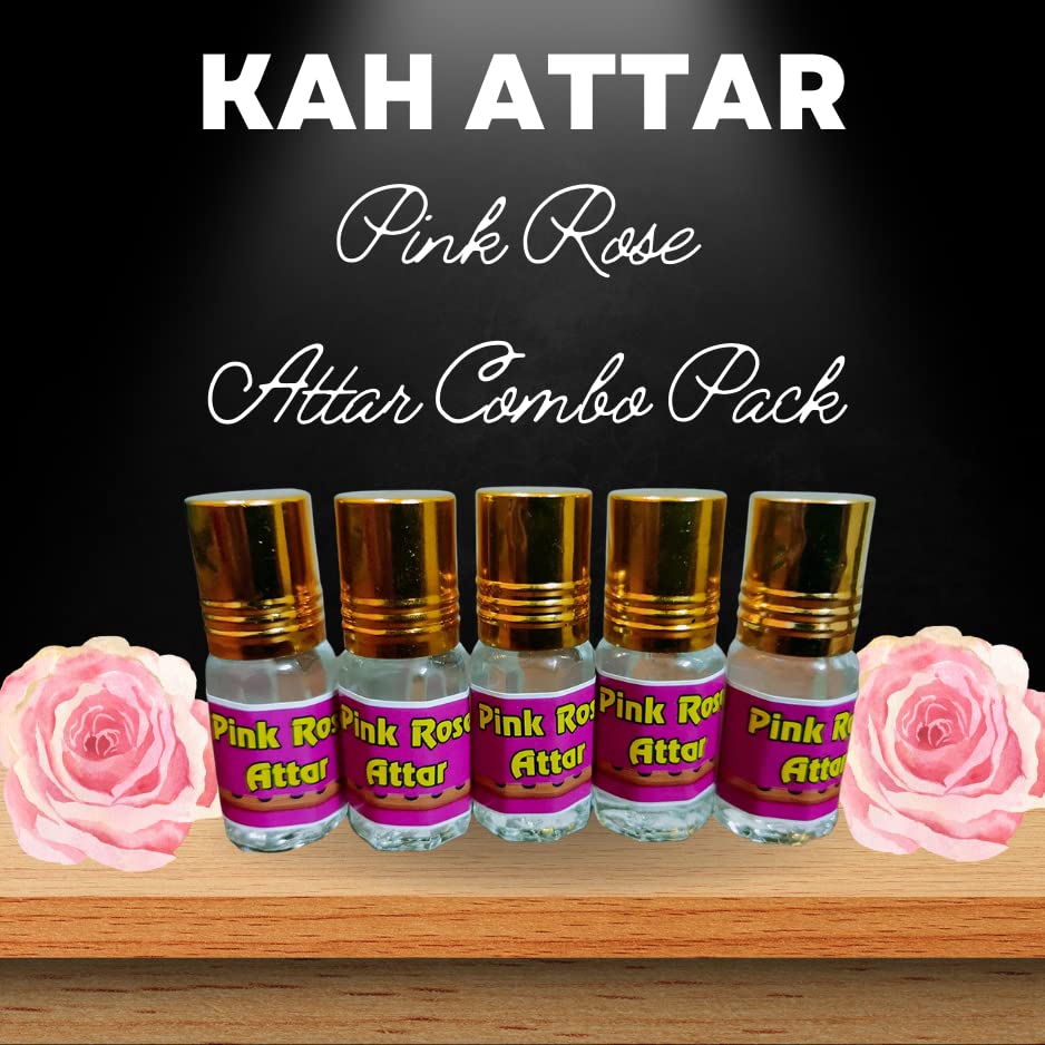 Kah Attar Pink Rose Long Lasting Perfume Oil - 5 Bottles (3ml Each) for Men & Women | Romantic Date, Wedding & Special Occasion Fragrance