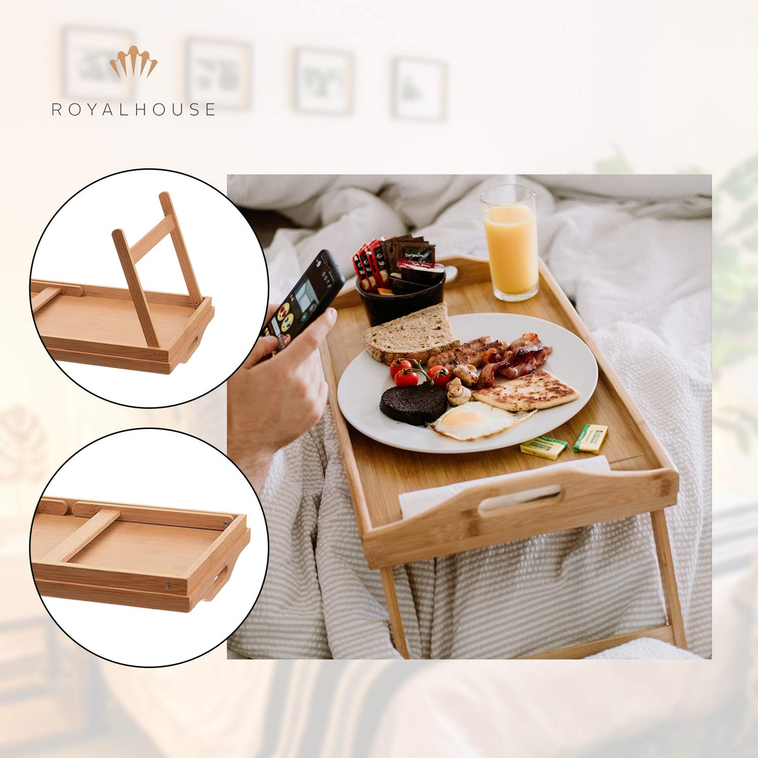 RoyalHouse Premium Bamboo Bed Tray with Folding Legs - Portable Breakfast Lap Tray for Eating, Working & Reading in Bed - Perfect for Home, Office & Travel Use