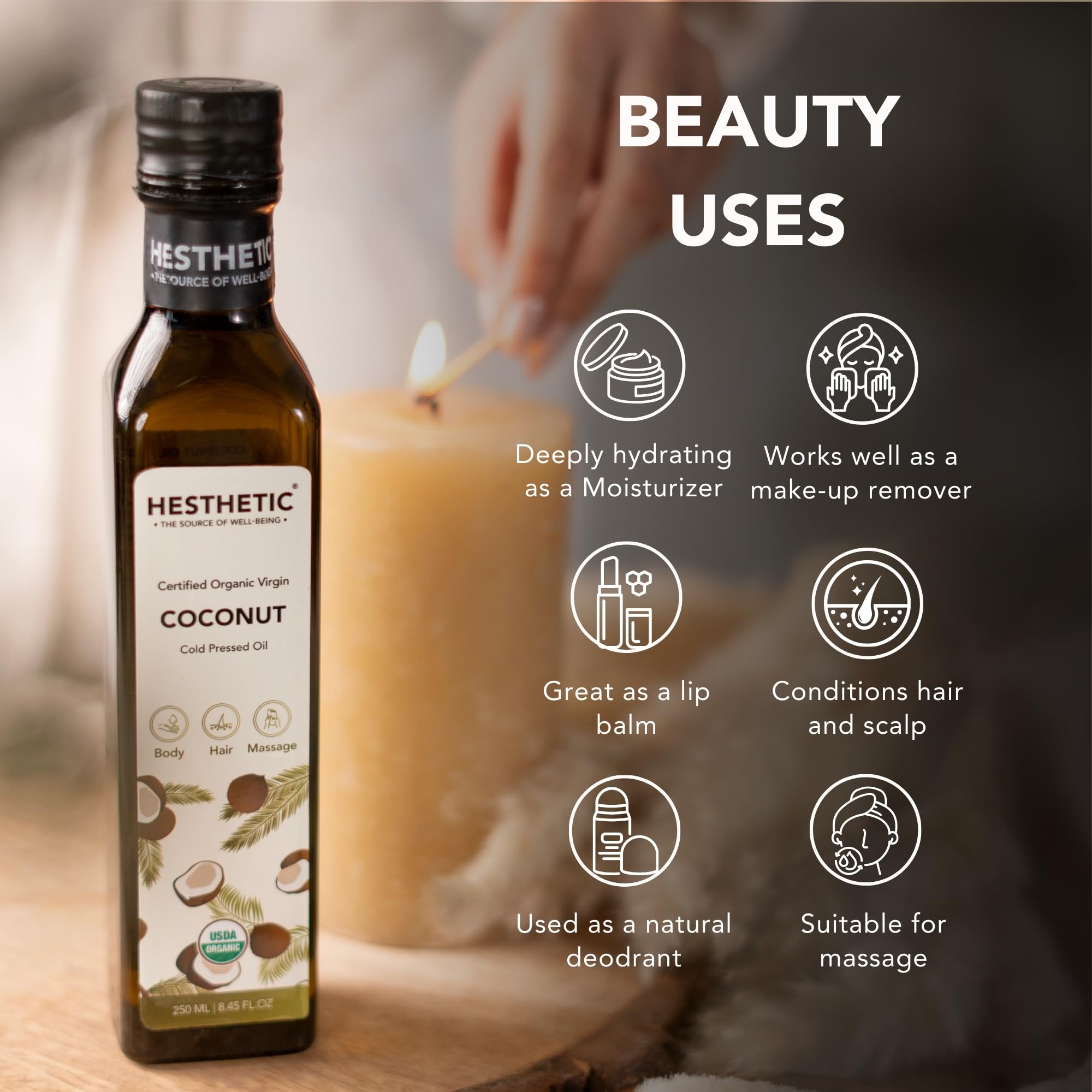 HESTHETIC - Virgin Cold Pressed Coconut Oil 250ml | 100% Pure & Natural | Organic Hair & Skin Care | Massage Oil & Oil Pulling | Glass Bottle | Perfect for Cooking, DIY Beauty & Aromatherapy