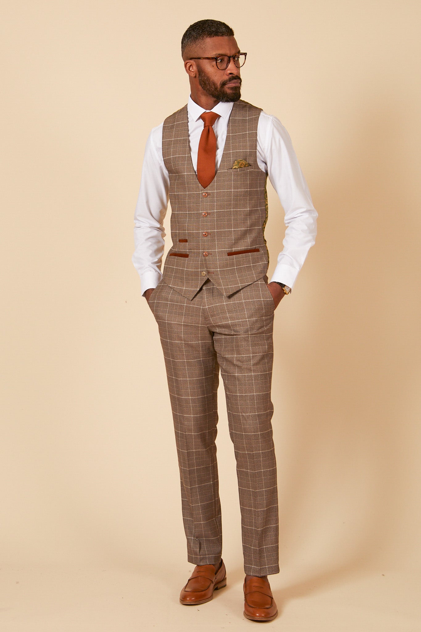 RAY Men's Tan Check Three Piece Suit - Formal Business Attire for Weddings, Office & Special Occasions