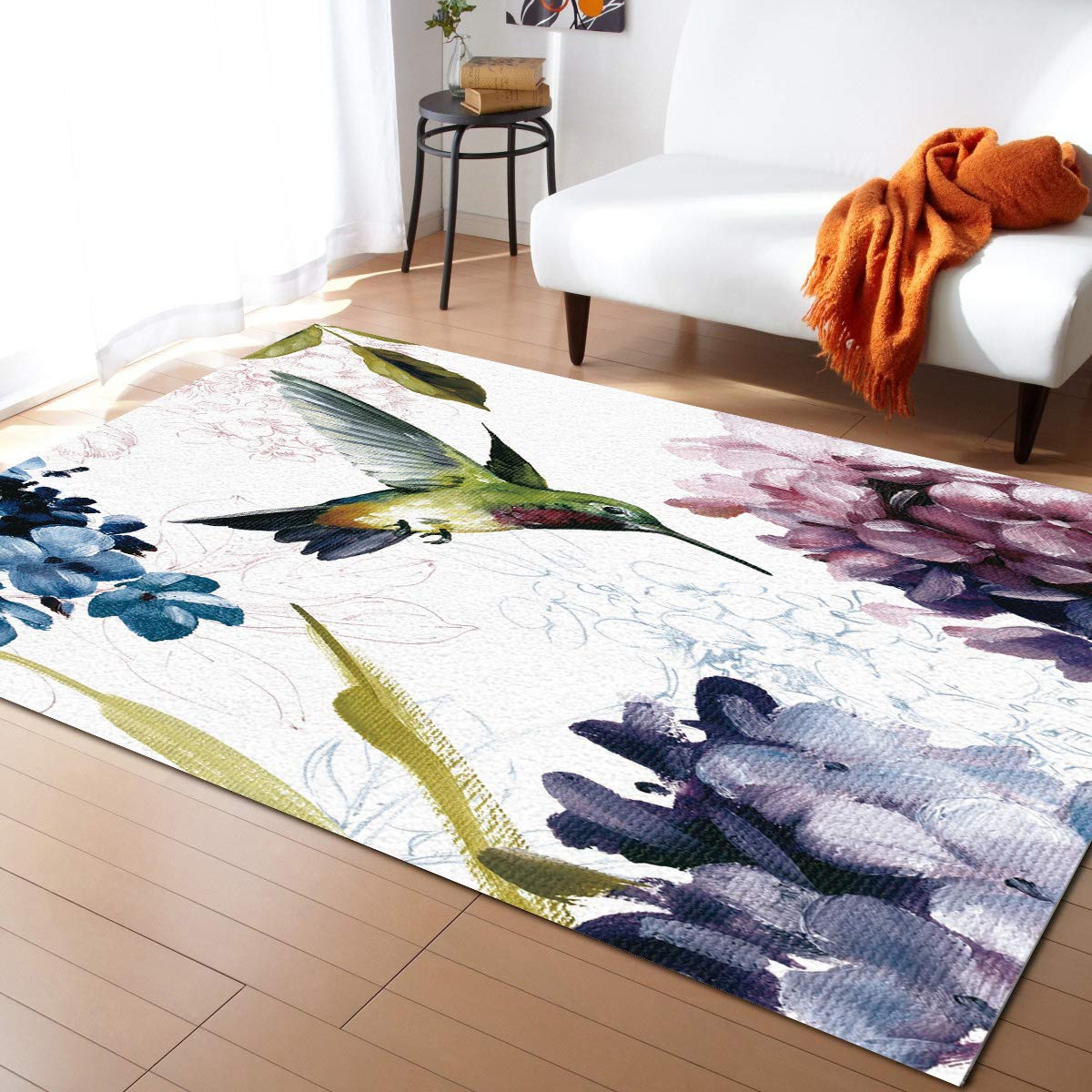 FunkyHome 5x8ft Floral Hummingbird Area Rug - Non-Slip Watercolor Design for Living Room, Bedroom, Nursery | Indoor/Outdoor Use, Home Décor, Large Soft Carpet for Cozy Spaces
