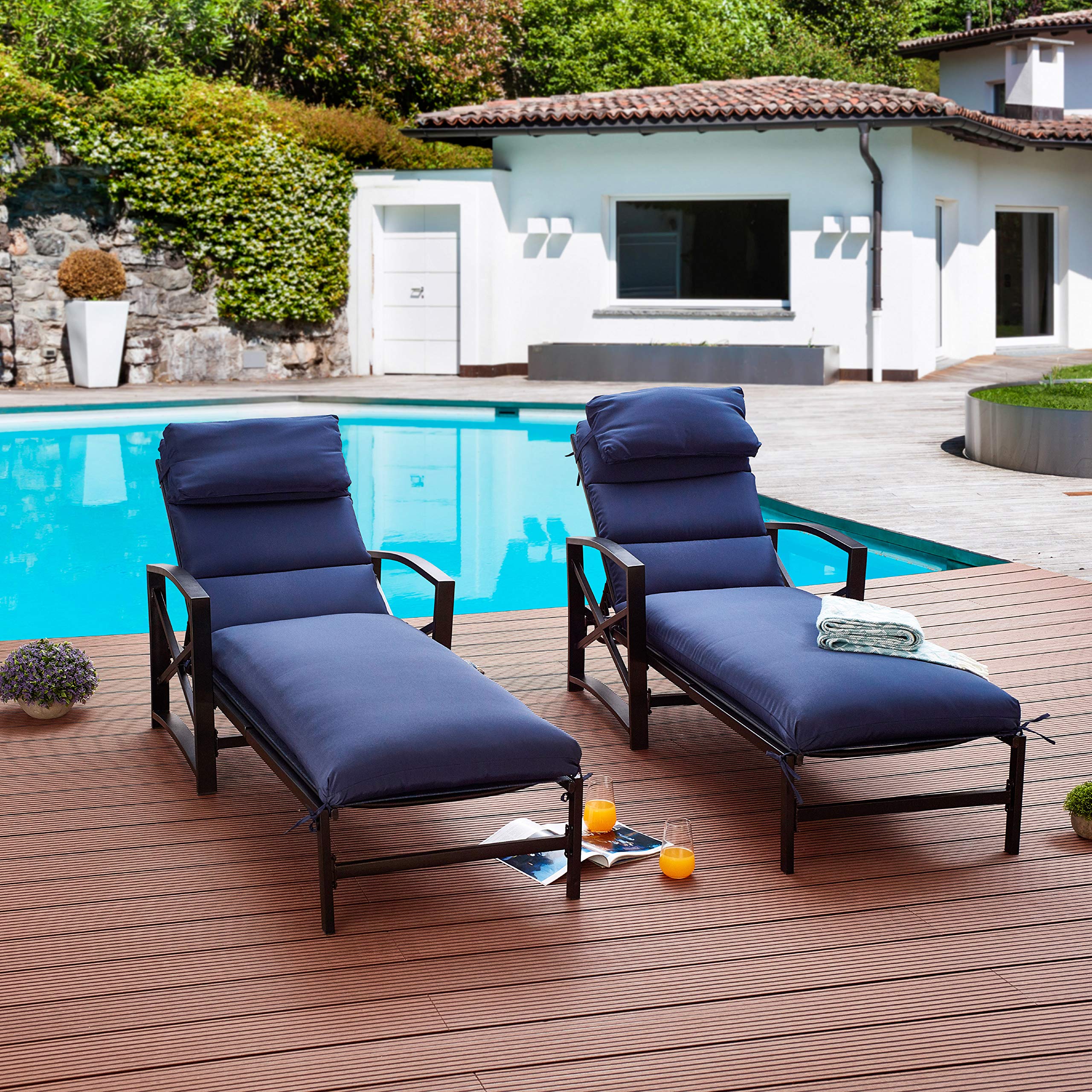 LOKATSE HOME 2-Piece Outdoor Patio Chaise Lounge Set with Removable Blue Cushions & Pillows, Adjustable Backrest & Armrests - Reclining Beach Poolside Balcony Backyard Garden Chairs for Relaxing, Sunbathing & Lounging