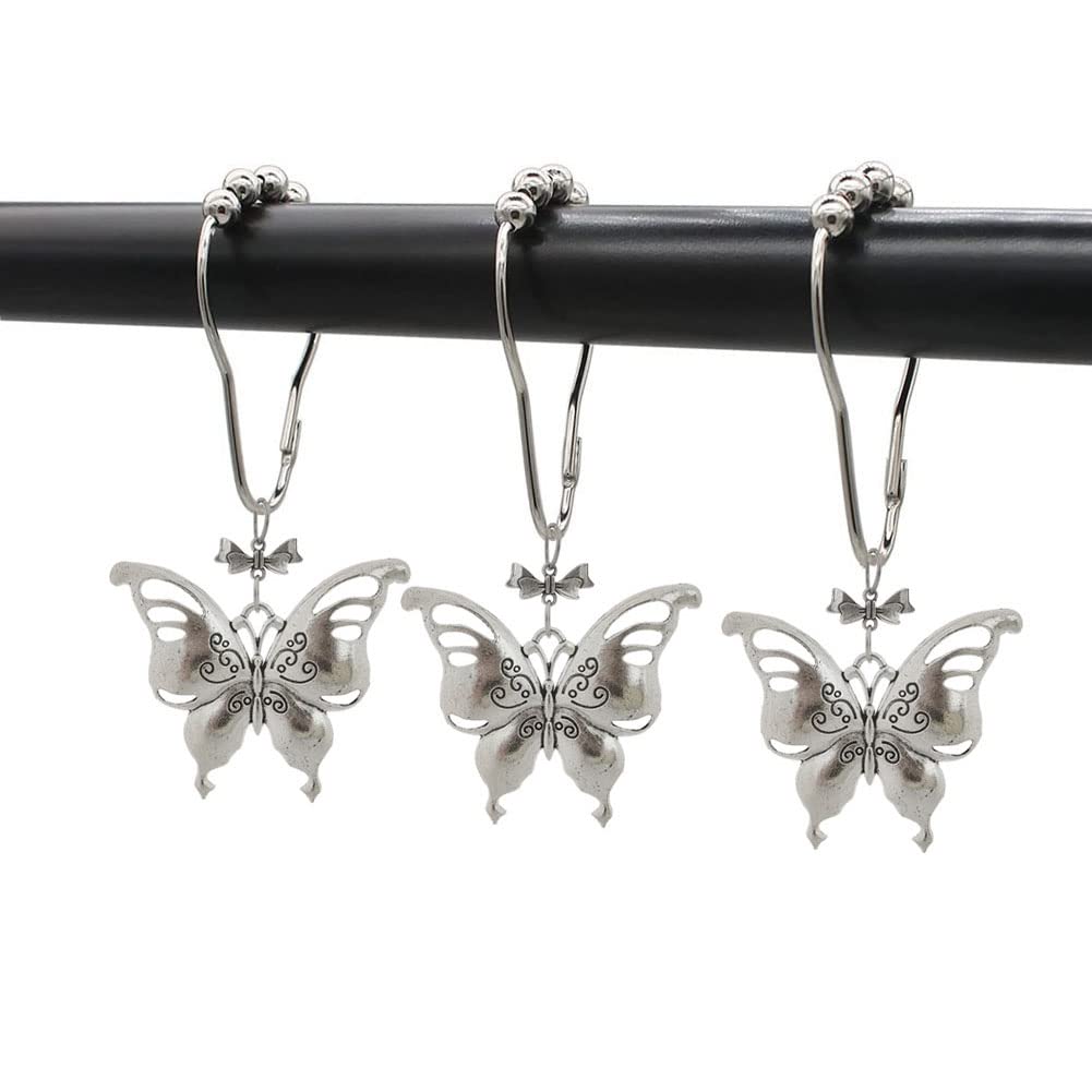 **Stainless Steel Butterfly Shower Curtain Hooks - Rust-Proof Silver Shower Rod Hangers with Floral Design, Set of 12 - Elegant Bathroom Accessories for Home & Hotel Decor**    *(Ideal for adding a touch of nature-inspired charm to bathrooms, guest rooms, or spa-style retreats!)*