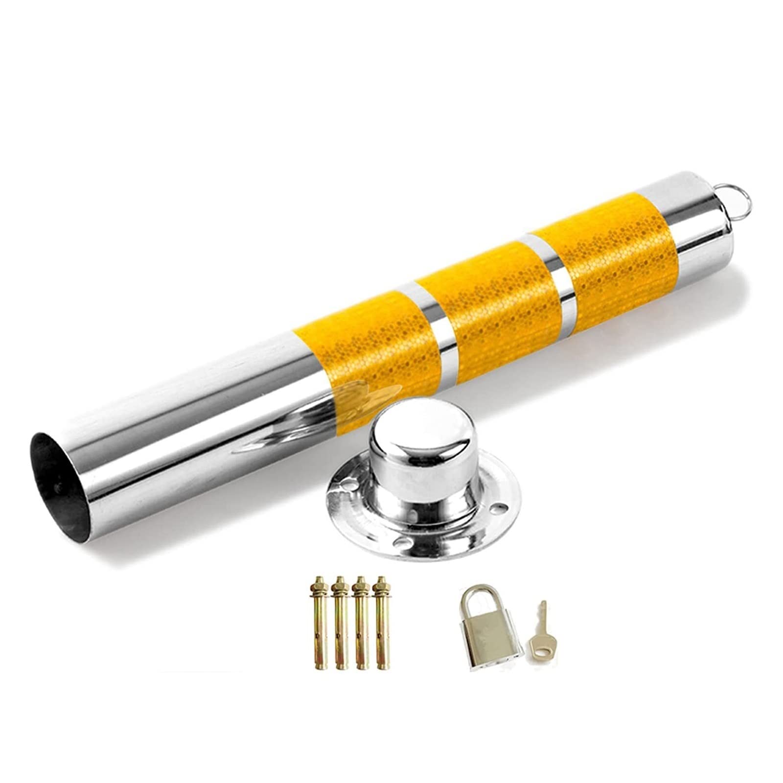 High Visibility Reflective Parking Barrier - Outdoor Waterproof Safety Bollard with Stainless Steel Pipe, Hanging Ring & Adjustable Base (650mmH x 76mmD) - Ideal for Driveways, Warehouses & Parking Lot Safety