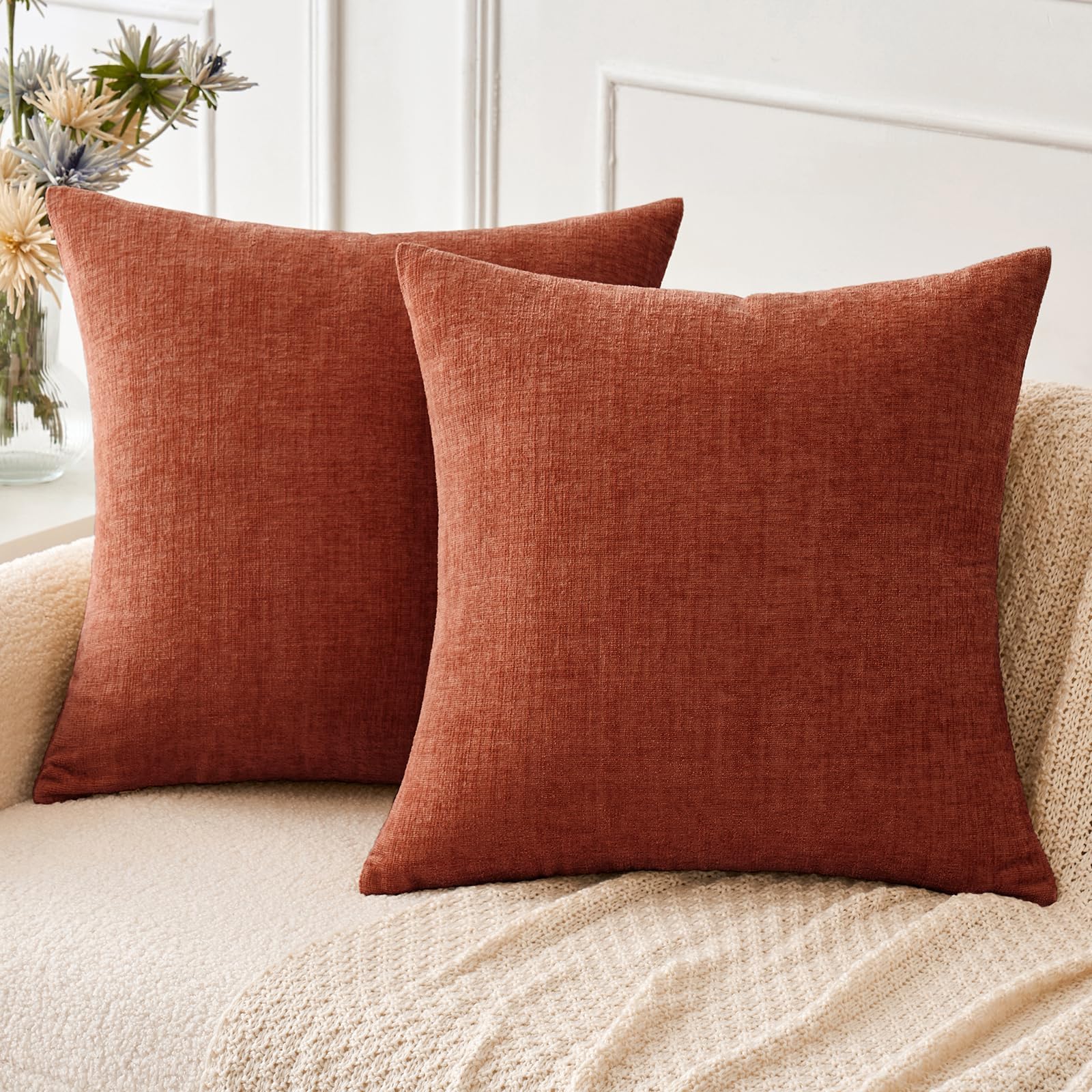 MIULEE 2-Pack 18x18 Inch Soft Burnt Orange Chenille Throw Pillow Covers for Couch, Sofa & Living Room - Solid Dyed Decorative Pillow Cases - Perfect for Home Decor, Cozy Accents & Seasonal Styling