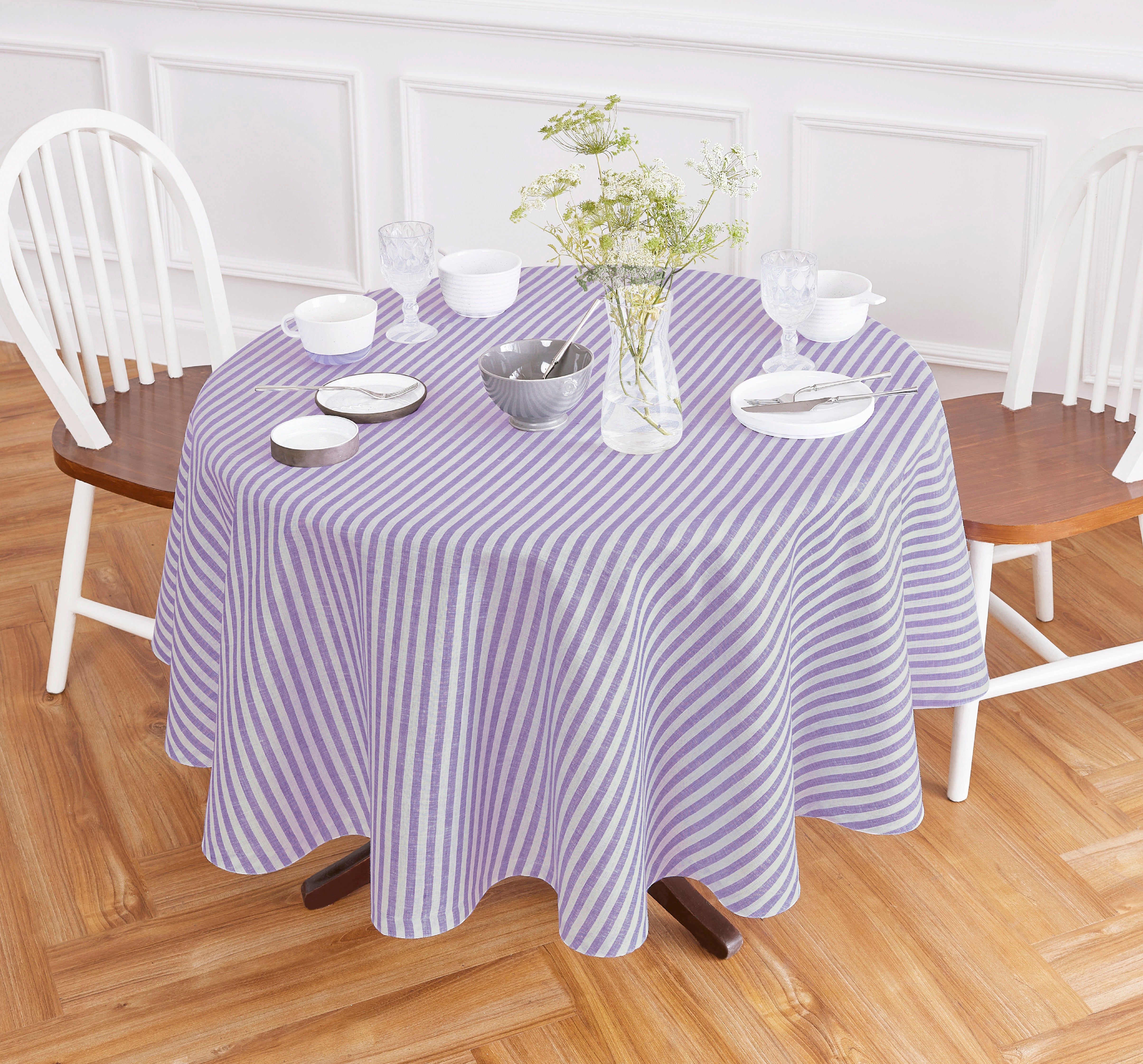 Amalfi Stripe Round Tablecloth - Waterproof & Stain-Resistant 60-Inch Dining Table Cover for Indoor/Outdoor Use - Perfect for Parties, Picnics, and Family Gatherings