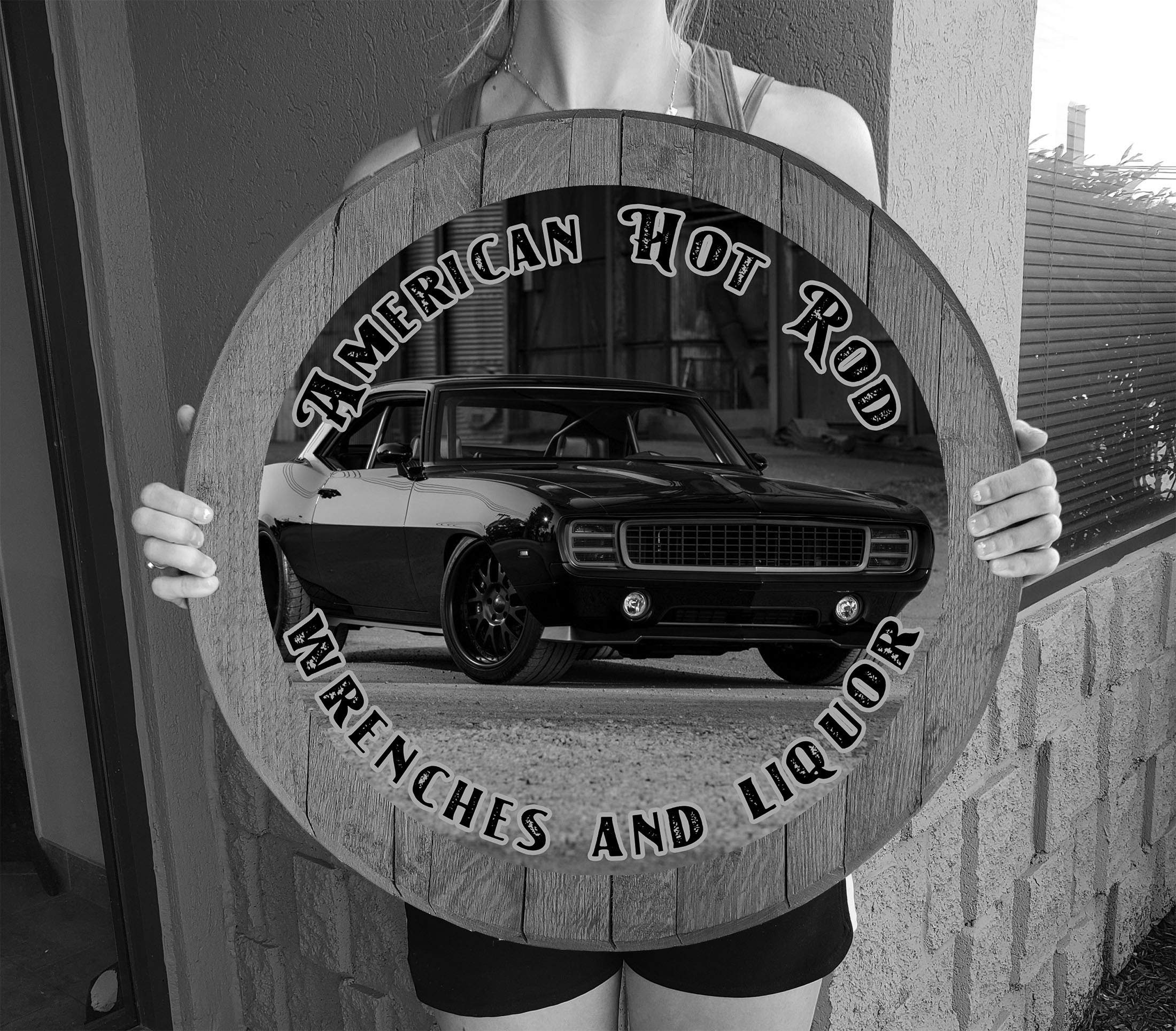Vintage American Hot Rod Muscle Car Wall Art - Distressed Barnwood Gray Wooden Whiskey Barrel Lid Decor for Man Cave, Garage, Bar & Home Office