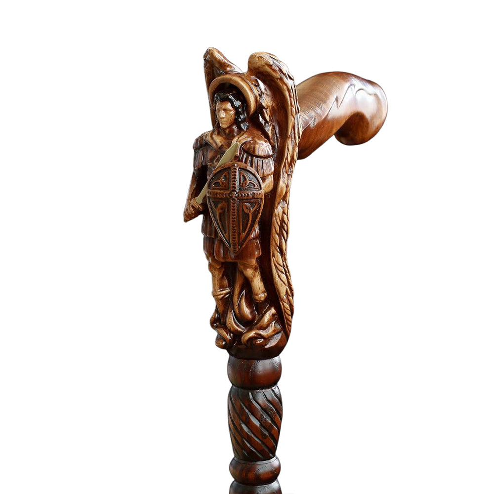 Hand Carved Archangel Michael Walking Cane - Premium Dark Wood Cane with Intricate Religious Design - Perfect for Collectors, Gifts & Mobility Support