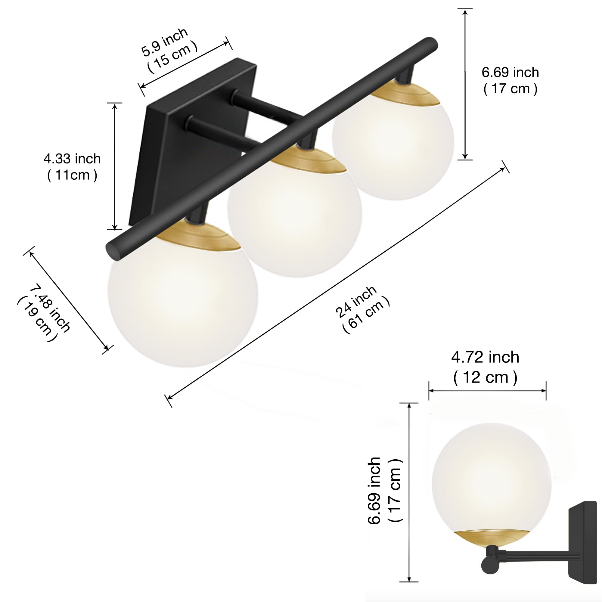 Modern Bathroom Vanity Light Fixture - 3-Light Brass & Black Wall Sconce with Milk White Glass Shades for Mirror Lighting | Perfect for Contemporary Bathrooms, Powder Rooms and Dressing Areas