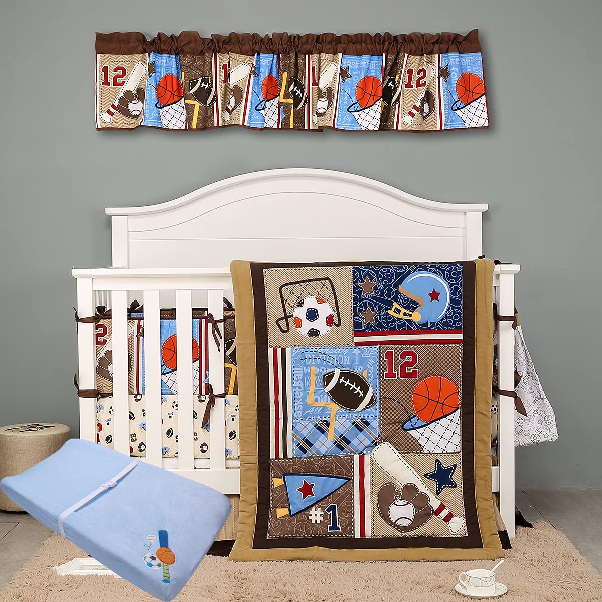 Brown & Blue Sports Themed 10-Piece Nursery Crib Bedding Set - Baseball, Soccer & American Ruby Designs for Baby Boys & Girls (28