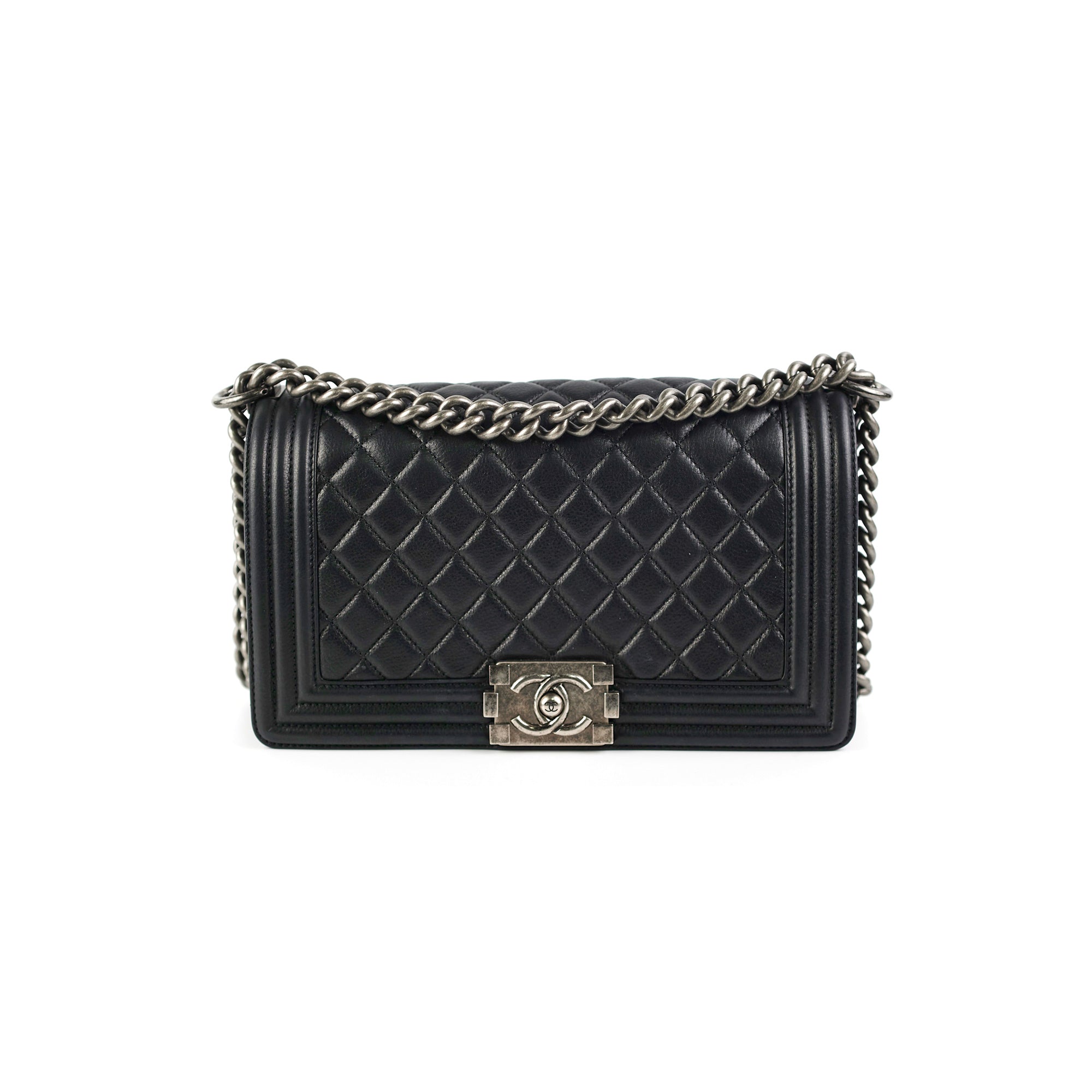 Chanel Boy Old Medium Black Leather Quilted Shoulder Bag - Luxury Designer Handbag for Women, Perfect for Evening Parties & Daily Use