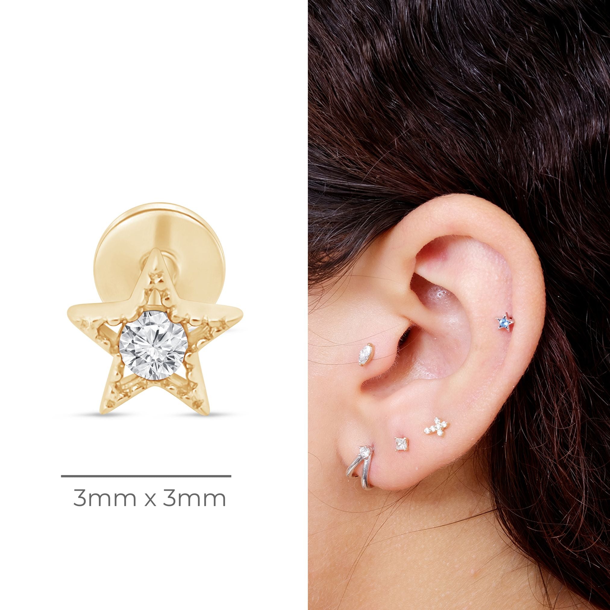 14K Solid Yellow Gold Gemstone Star Flat Back Stud Earrings with Milgrain Detailing - Perfect for Everyday Wear, Gifts & Special Occasions