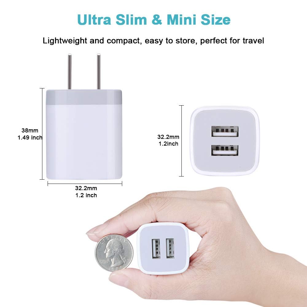 Fast Charging USB Wall Charger Block - Dual Port 2.1A Power Adapter Cube (3-Pack) for iPhone 16/15/14/13/12/11/Pro Max/XS/XR/X/8/7/6 & Samsung Galaxy S25 Ultra/A16 - Perfect for Home, Office & Travel Charging Needs