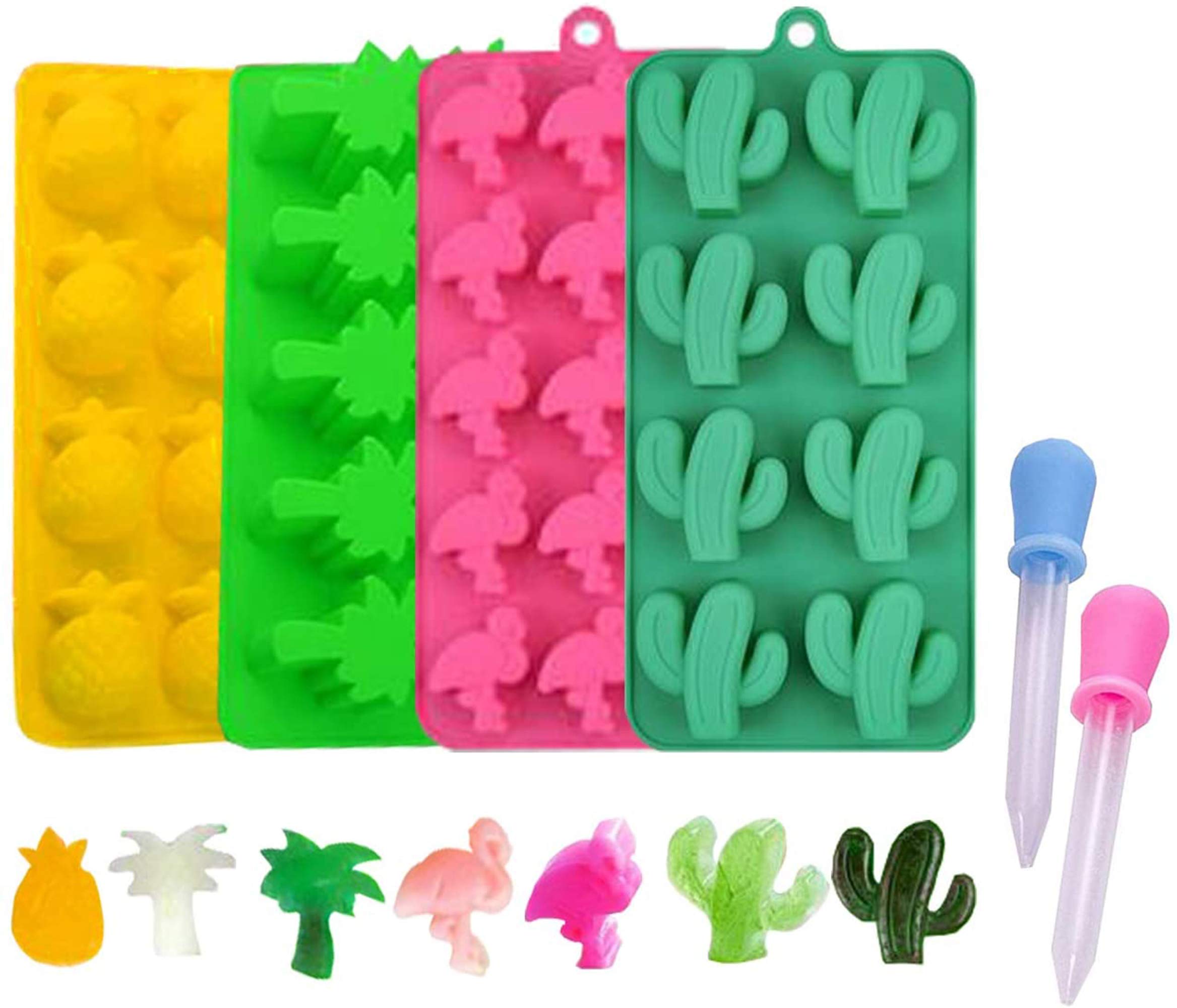 Premium Silicone Candy Molds & Ice Cube Trays Set - Cactus, Flamingo, Coconut Tree & Pineapple Shapes for Chocolate, Jelly, Soap Making - Includes 2 Droppers (4-Pack, Multicolor) - Perfect for DIY Desserts, Party Favors & Home Crafts