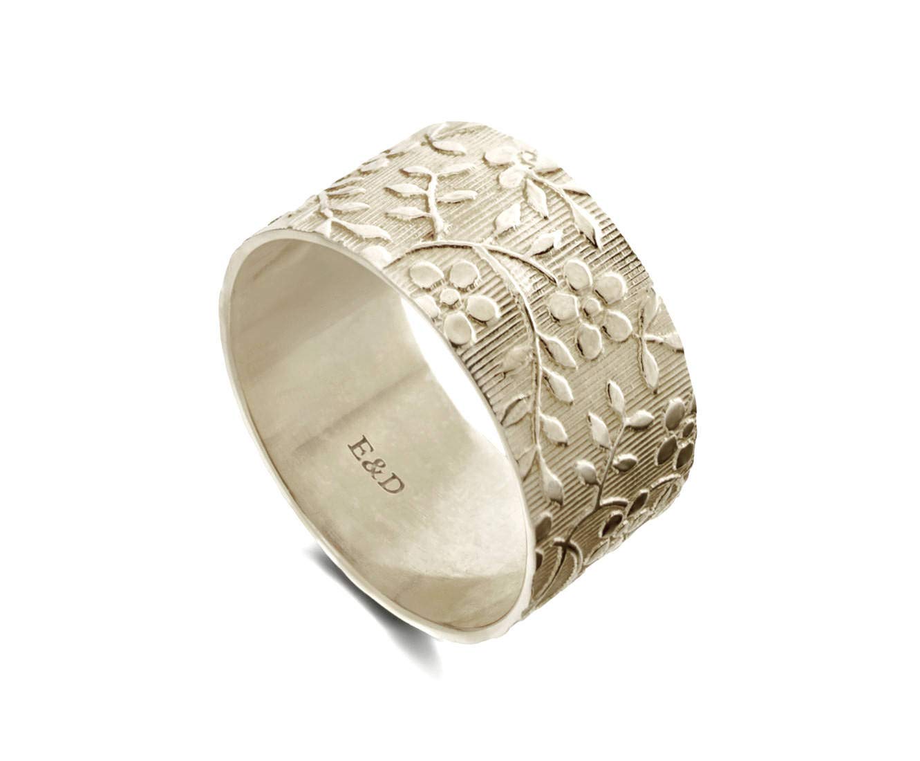 Floral Engraved Sterling Silver Wedding Band for Women - Elegant Wide Wedding Ring with Flower Design by DINAR Jewelry | Perfect for Bridal, Anniversary, and Special Occasion Gifts