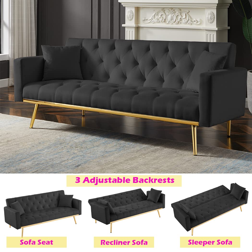 Velvet Futon Sofa Bed - 3 Seater Convertible Sleeper Sofa with Loveseat Option, Button Tufted Upholstery & Gold Metal Legs, Includes 2 Decorative Pillows - Easy Assembly (Black) | Perfect for Small Apartments, Guest Rooms & Home Offices