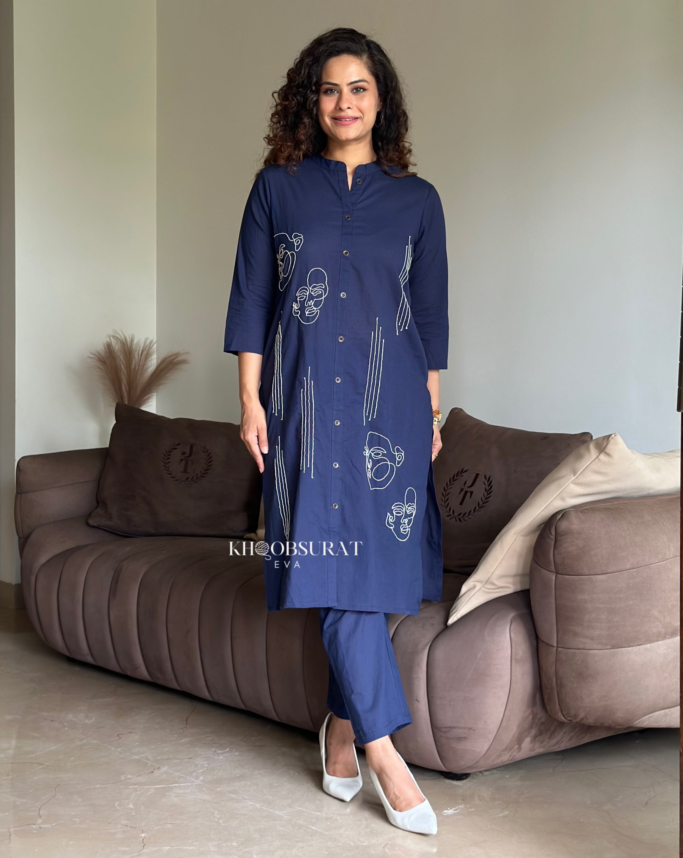 Stylish Blue Cotton Lovebird Kurta Set for Women - Comfortable & Trendy Indian Ethnic Wear for Festivals, Weddings & Casual Outings