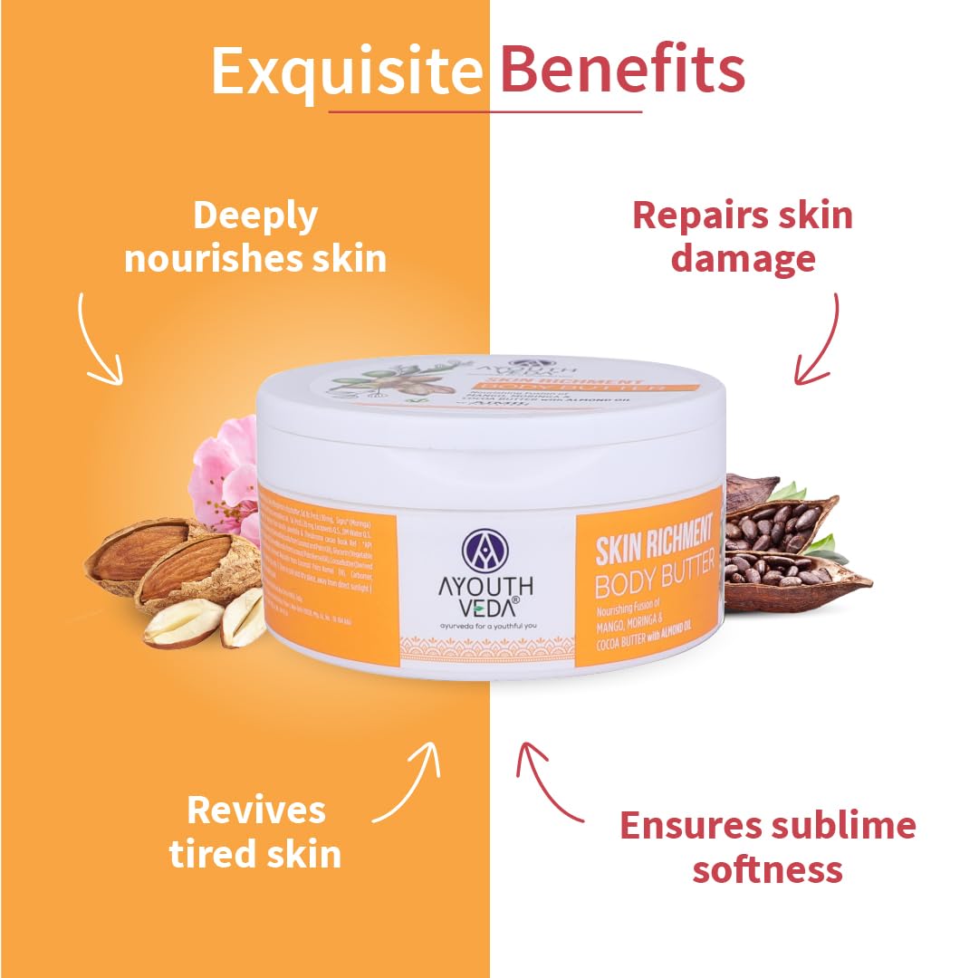 Ayouthveda Skin Richment Body Butter - Cocoa Moringa & Mango Butter with Almond Oil | All-Day Non-Sticky Moisturizer for Men & Women | 200g | Perfect for Dry Skin, After Shower Hydration & Daily Skincare Routine
