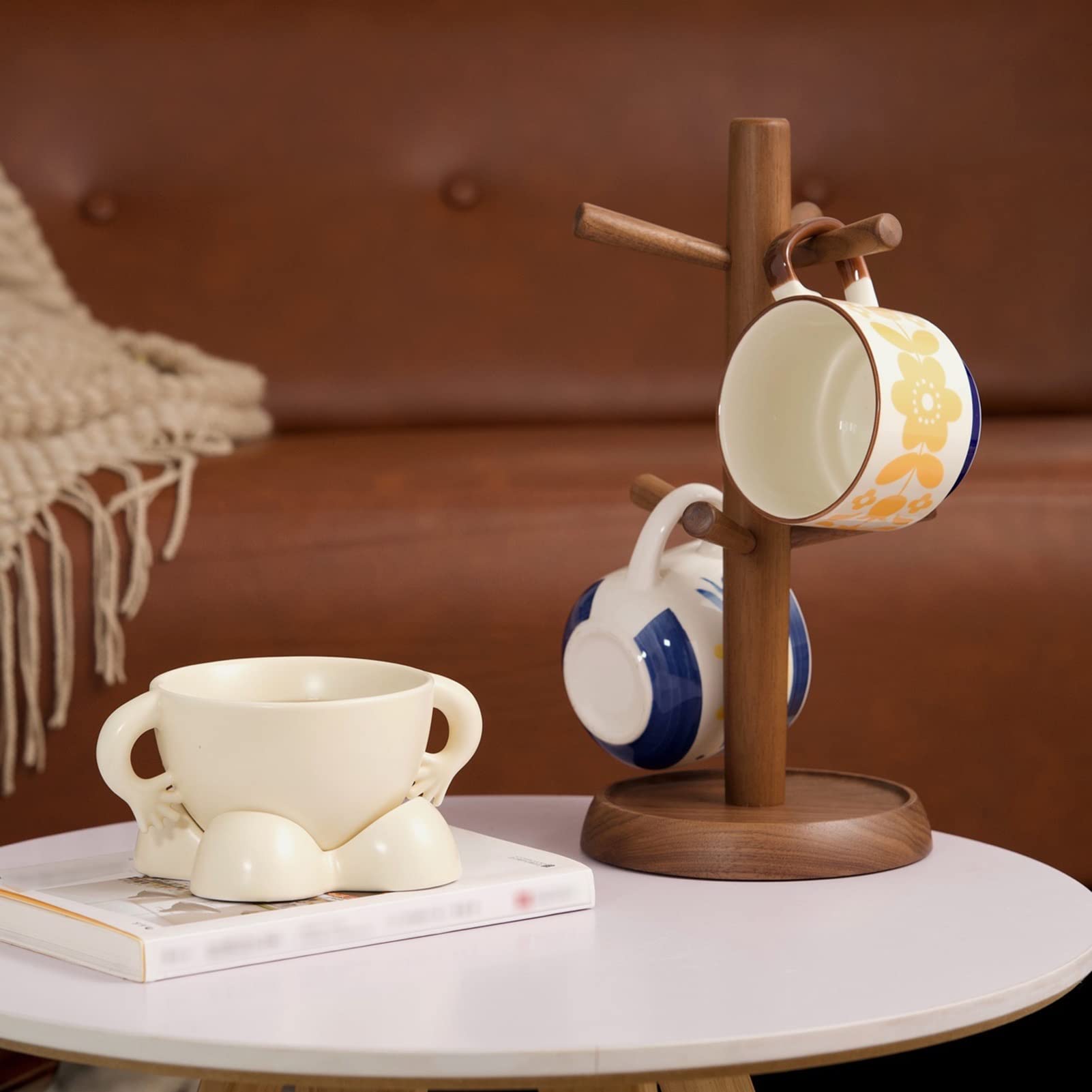 Wooden Coffee Mug Tree Holder with 6 Hooks - Countertop Tea Cup Organizer for Kitchen, Cafe & Bar - Rustic Brown Display Stand for Mugs, Cups & Kitchen Utensils - Perfect for Home, Office or Restaurant Use