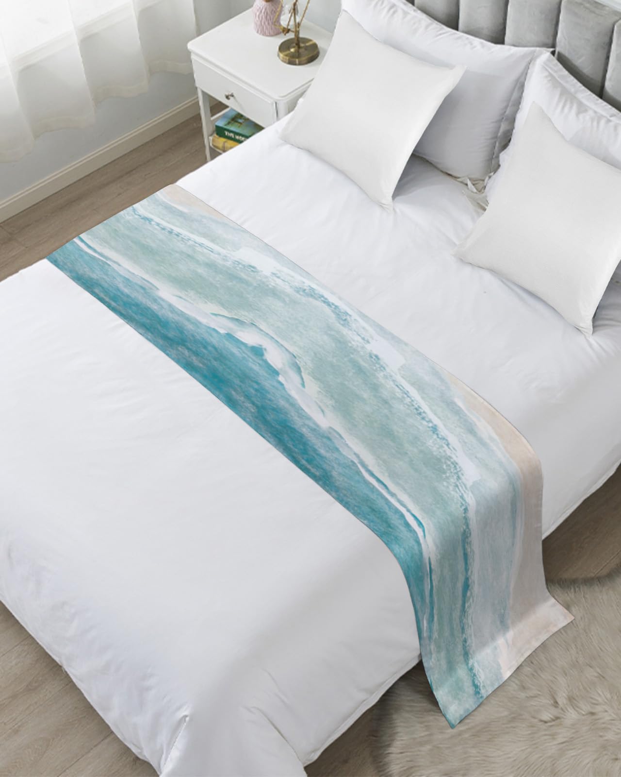 Ocean Coastal Bed Runner for Cal King Size - Summer Beach Decor for Bedroom