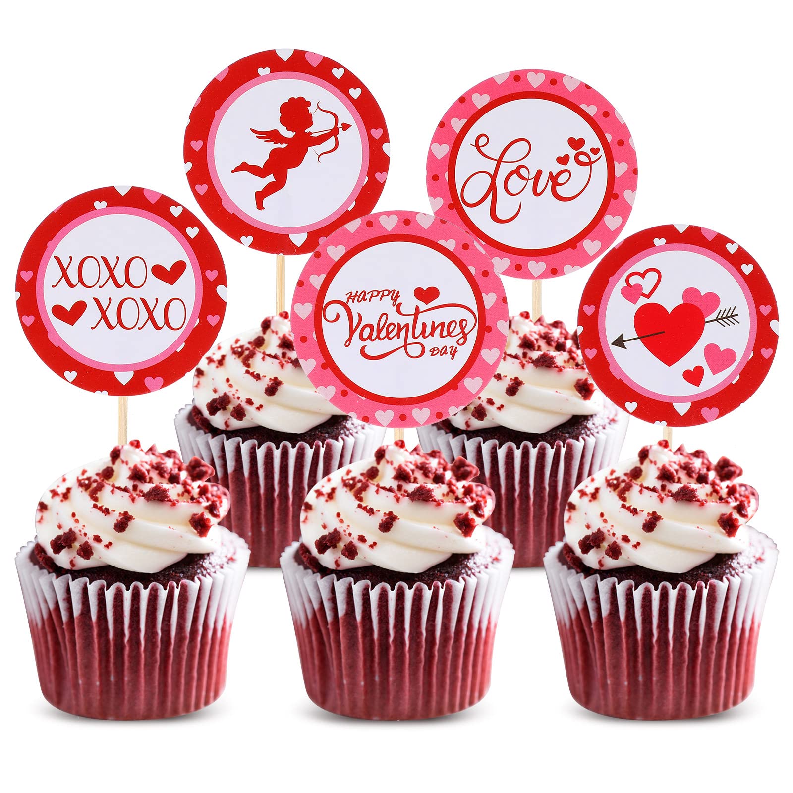 50 Packs Valentine's Day Cupcake Toppers - Sweet XOXO Love Heart Cupcake Picks, Red Glitter Paper Valentine's Decorations for Parties, Weddings & Romantic Celebrations