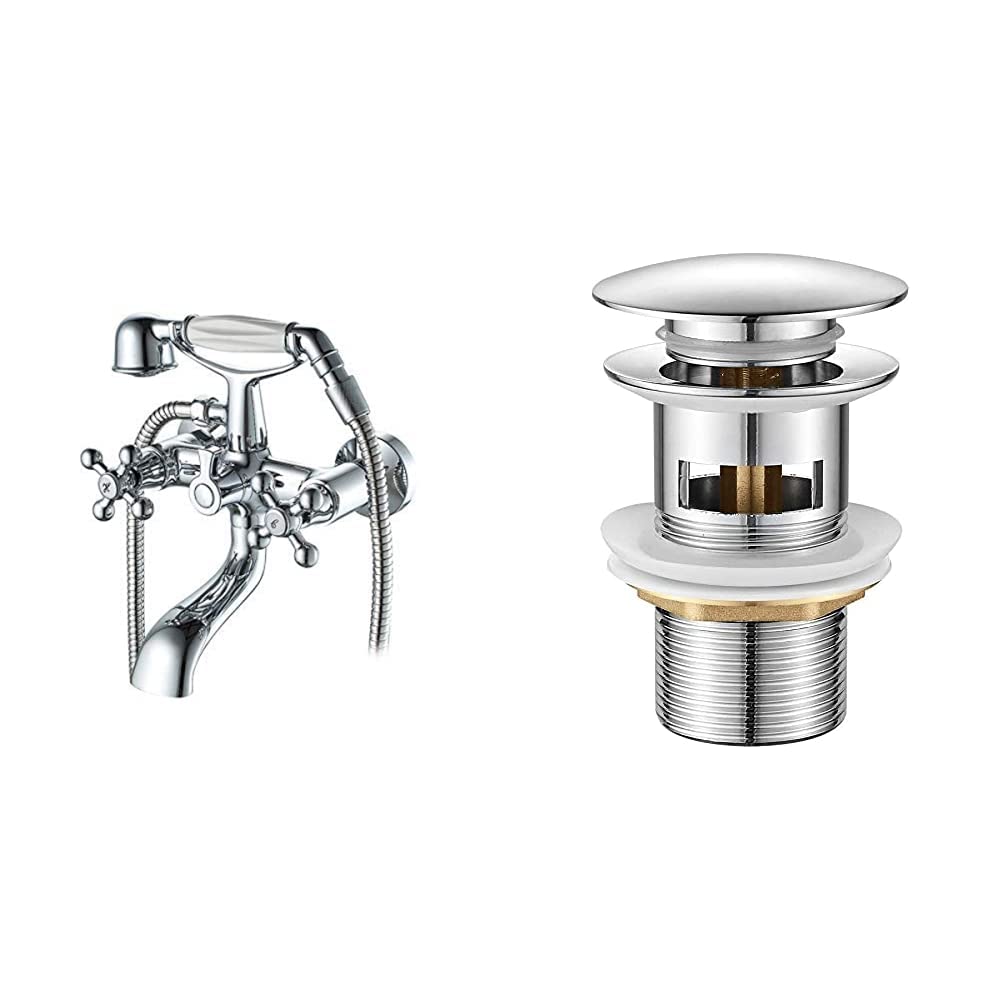 Vintage Bath-Shower Mixer Tap with Double Lever & Hand Shower - Chrome Finish for Modern Bathrooms | Flexible Hose & Stand Included | Perfect for Spa-Like Showers & Bathing Experience