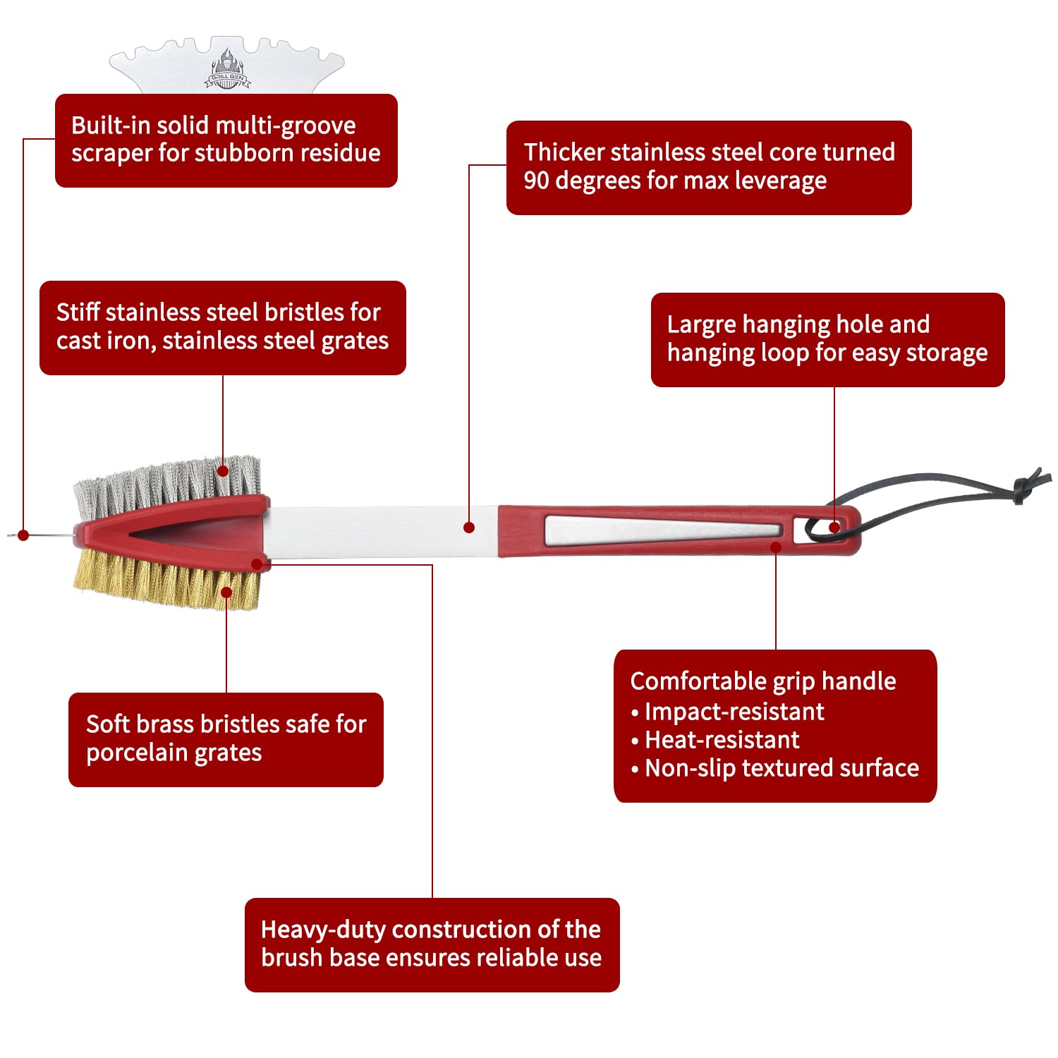 Heavy Duty Grill Brush and Scraper with Steel & Brass Bristles - Professional BBQ Cleaner for Porcelain, Cast Iron & Stainless Steel Grates - Perfect for Outdoor Grilling, Backyard BBQs and Camping Cookouts