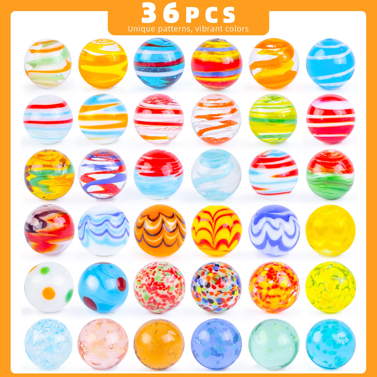 36PCS Glass Marbles Set for Kids with 5 Glow in The Dark Marbles - Fun Running Game Toy, Perfect Gift for Birthday & Party Games | Indoor & Outdoor Play, STEM Learning Activity