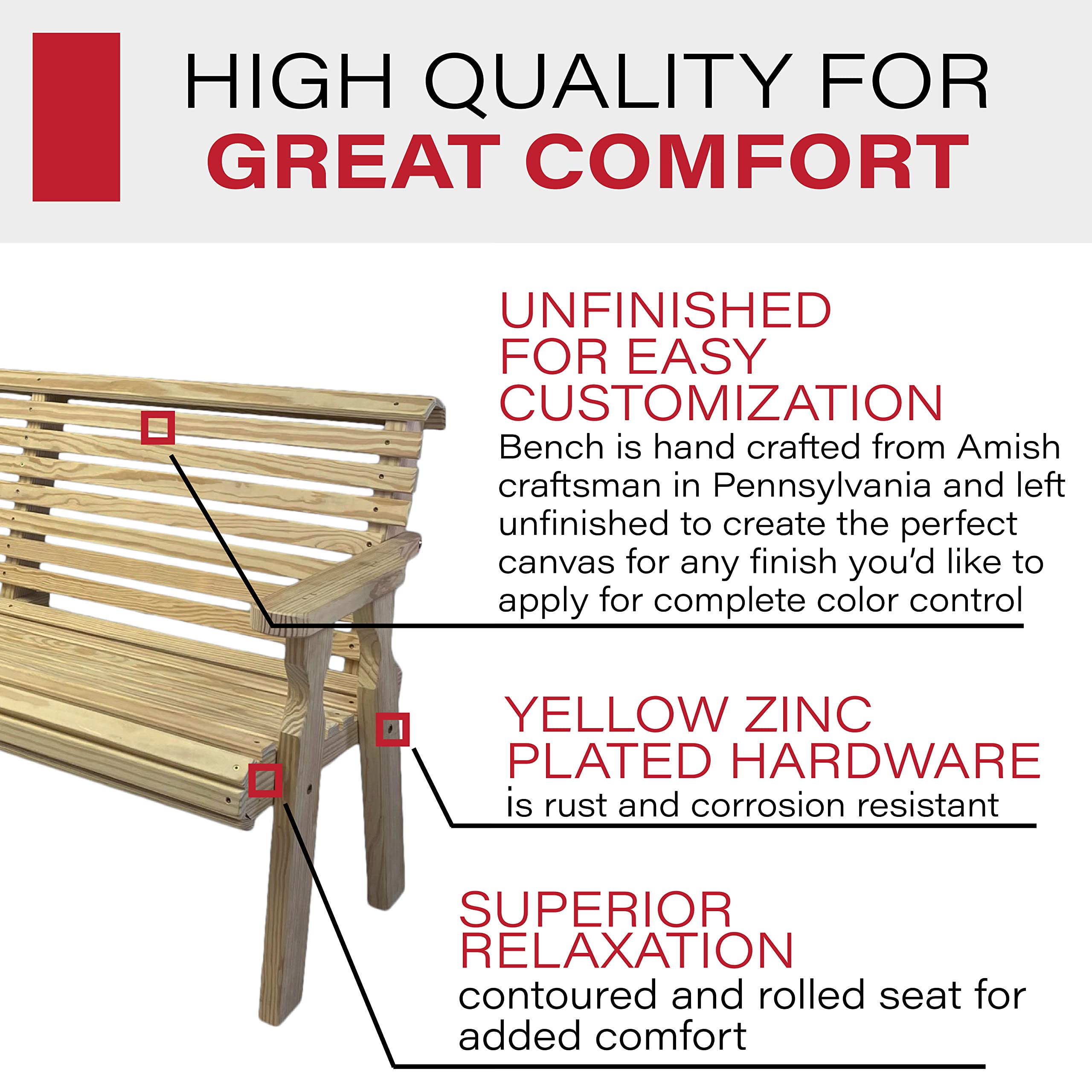 Amish-Made Heavy Duty Unfinished 4-Foot Roll Back Outdoor Bench - Solid Treated Pine, 700 lb Weight Capacity - Perfect for Patio, Garden, Porch & Backyard Seating