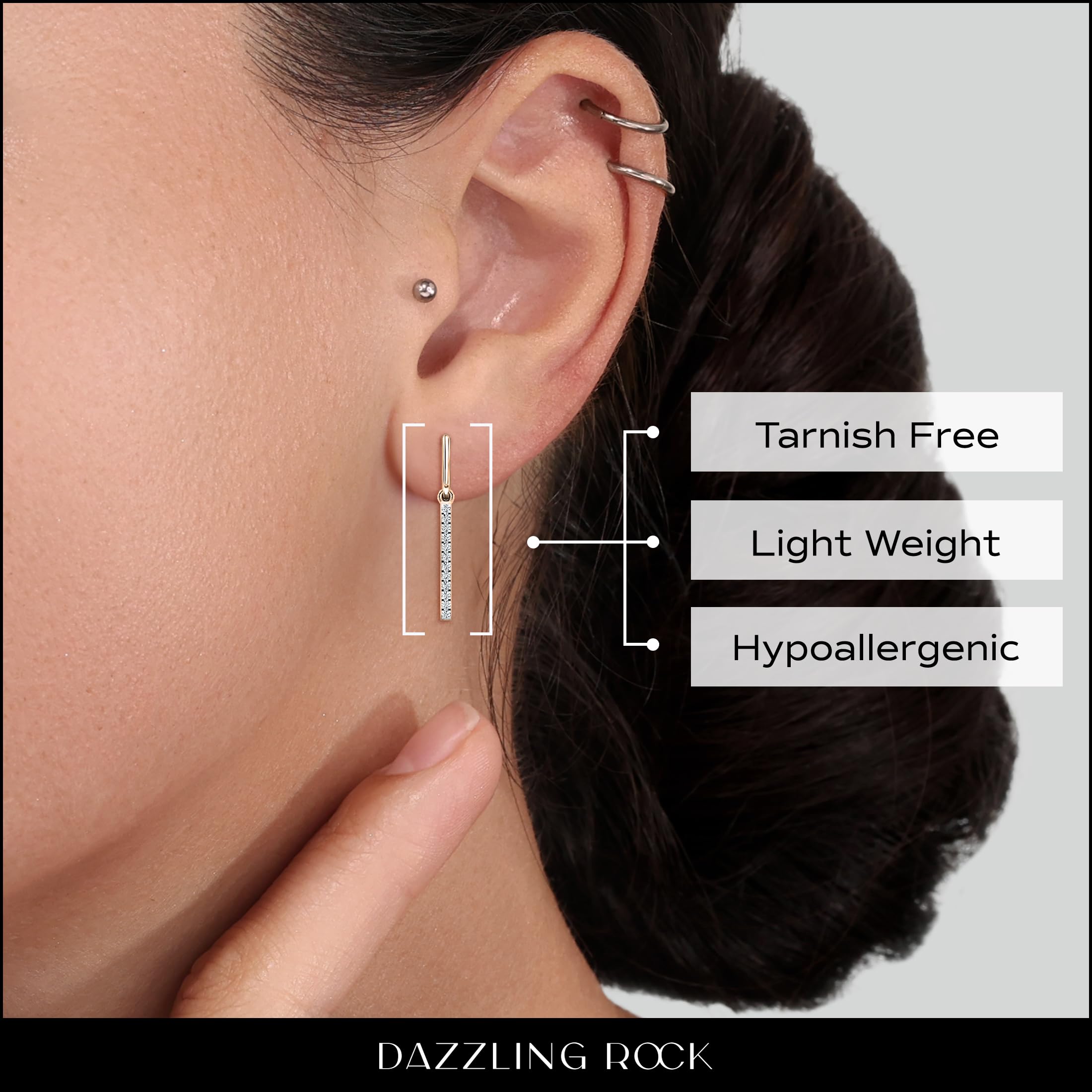 14K Solid Gold Round White Diamond Vertical Bar French Wire Dangle Earrings for Women | Dazzlingrock Collection | Elegant Jewelry for Parties, Weddings & Special Occasions