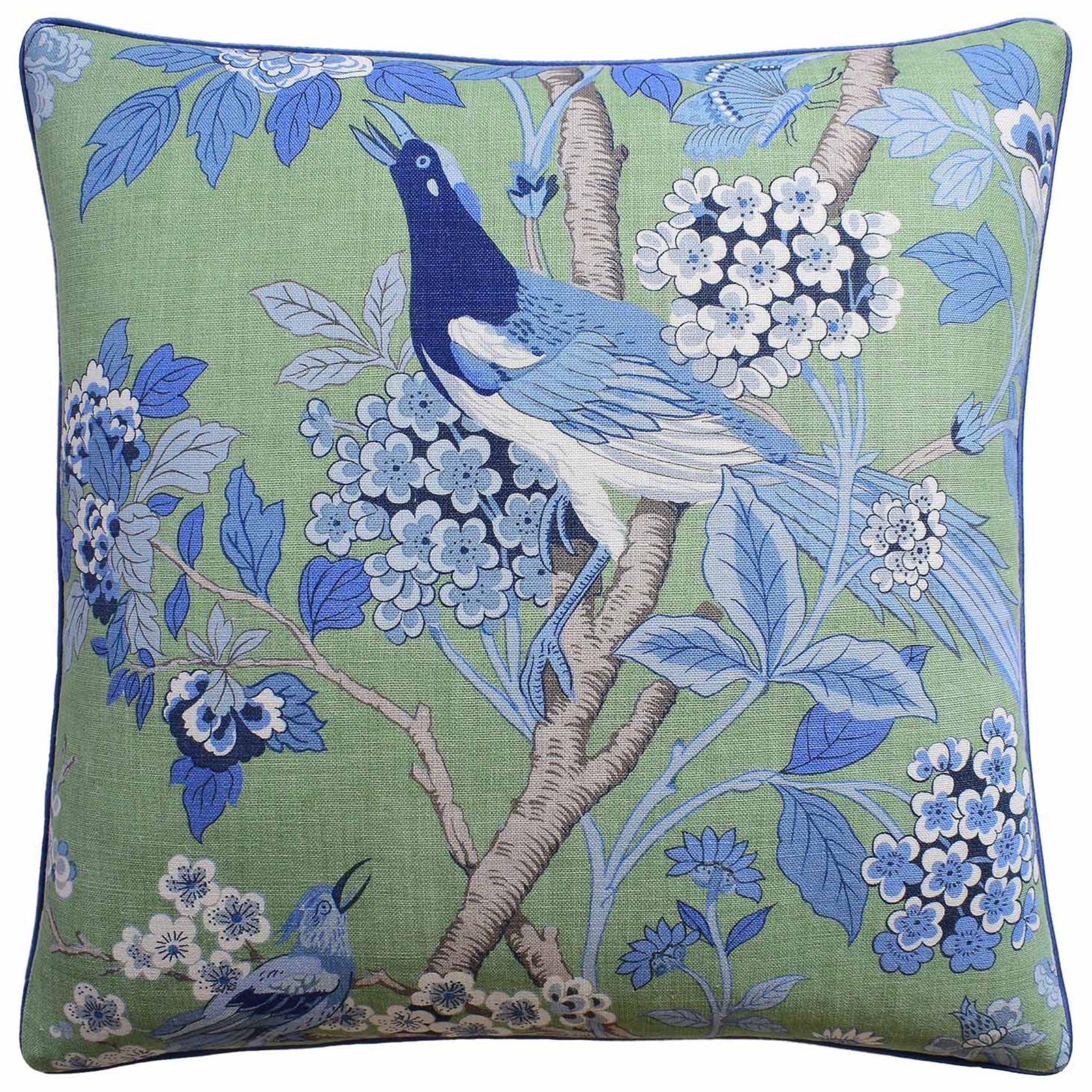 Blue Hydrangea and Bird Square Throw Pillow - Decorative Cushion Cover for Sofa, Bed, Living Room - Home Decor Accent for Farmhouse, Boho & Modern Style