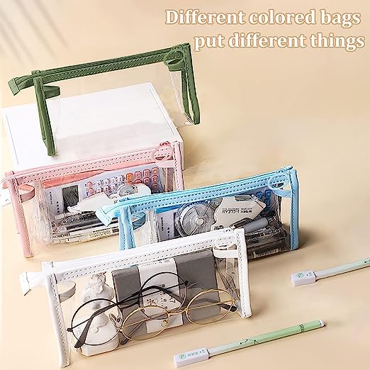 Taicols 4-Pack Clear Zipper Pencil Cases - Transparent Label Pouch for School, Travel & Office - Multi-Use Cosmetic & Makeup Organizer - Exam Stationery Storage for Students (Perfect for Backpack, Desk & On-the-Go Organization)