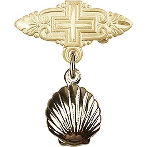 Gold Filled Baby Badge with Shell Charm & Cross Pin - 7/8 X 3/4 Inch - Perfect for Christening Gifts, Baby Shower Favors & Keepsake Jewelry