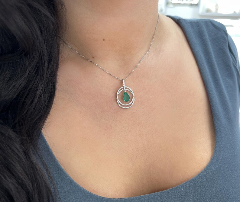 2.40tcw 14K Gold Pear Cut Emerald & Diamond Halo Pendant Necklace - Elegant Jewelry for Women, Perfect for Weddings, Anniversaries & Special Occasions