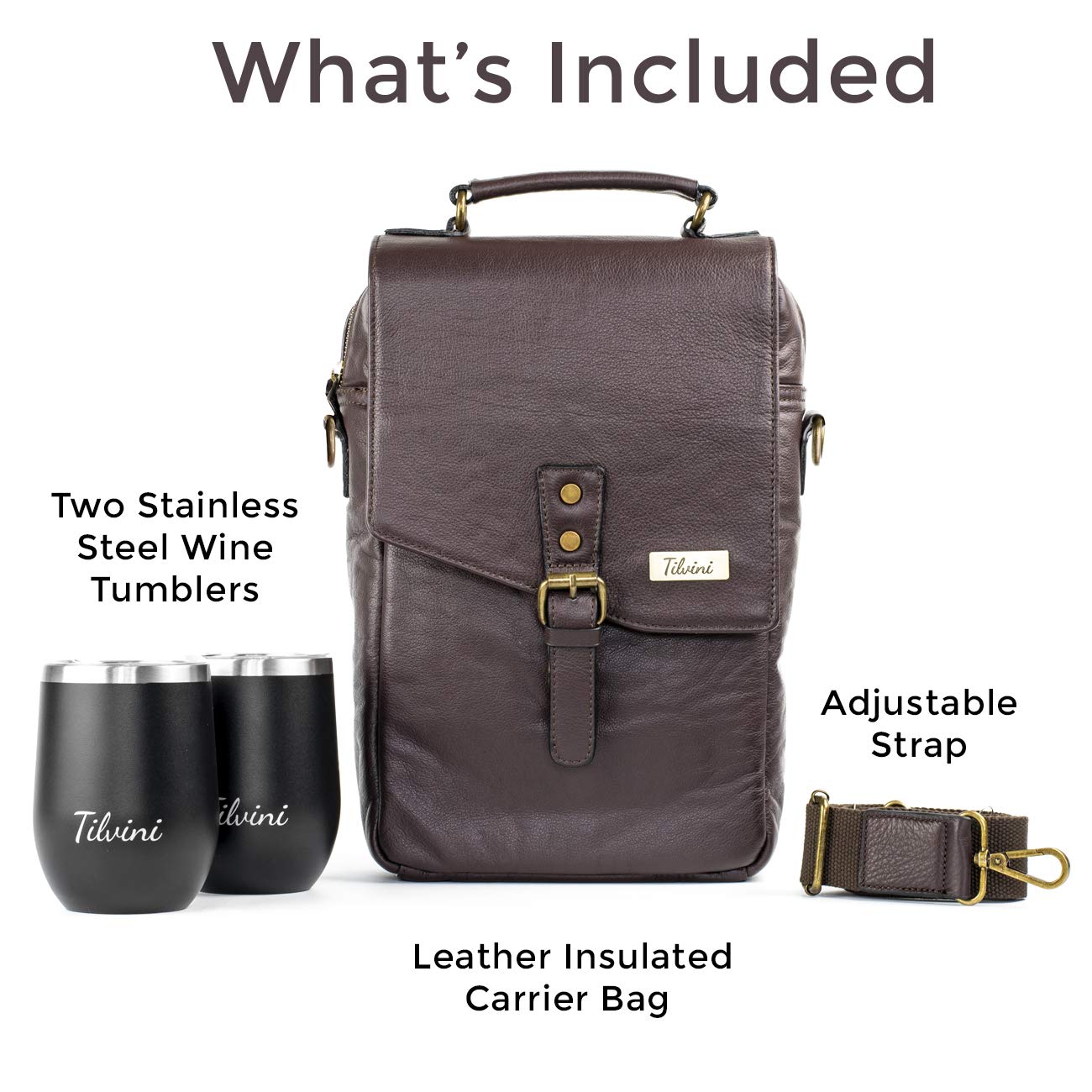 Premium Insulated Leather Wine Tote Bag with 2 Stainless Steel Wine Tumblers - Brown - Perfect for Picnics, Parties & Travel Gifts